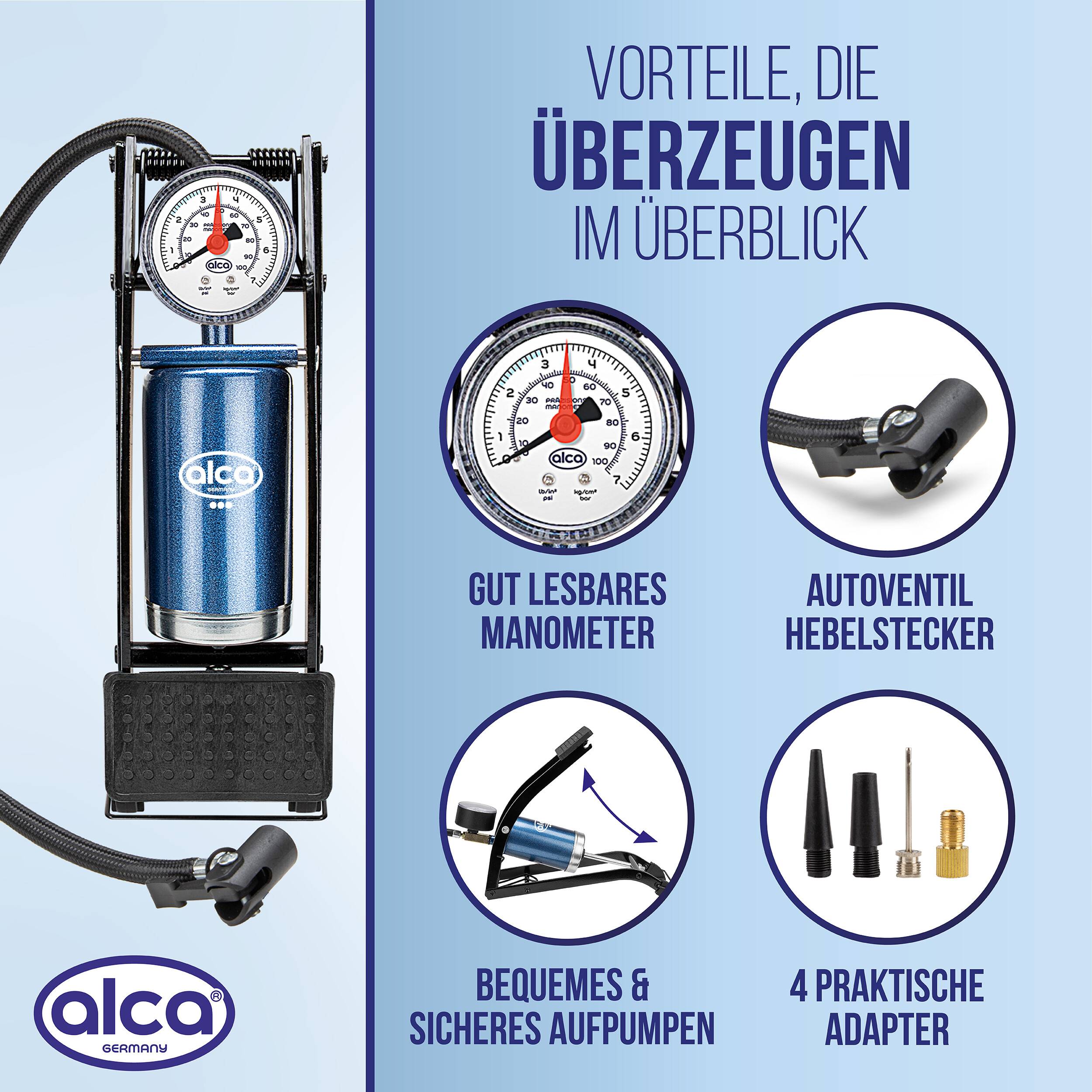 alca® Fußluftpumpe 7 bar mit Manometer sowie Adaptern für Pkw-Reifen Stahlzylinder, Rahmen aus robustem Metall,-3