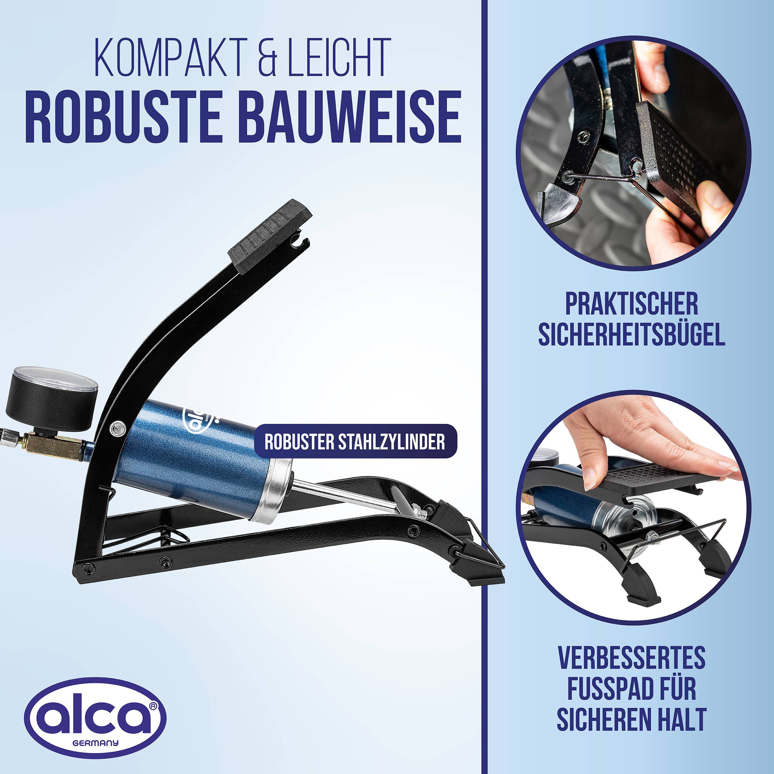 alca® Fußluftpumpe 7 bar mit Manometer sowie Adaptern für Pkw-Reifen Stahlzylinder, Rahmen aus robustem Metall,-4