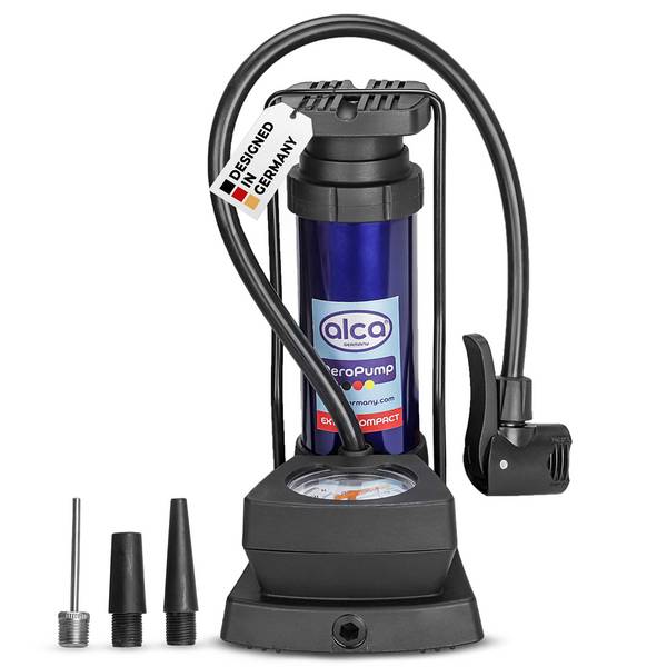 alca® Fußpumpe 11bar mit Manometer und Multiventil für Auto, Fahrrad Handlich bei 410g, Zylinder aus Alulegierung,
