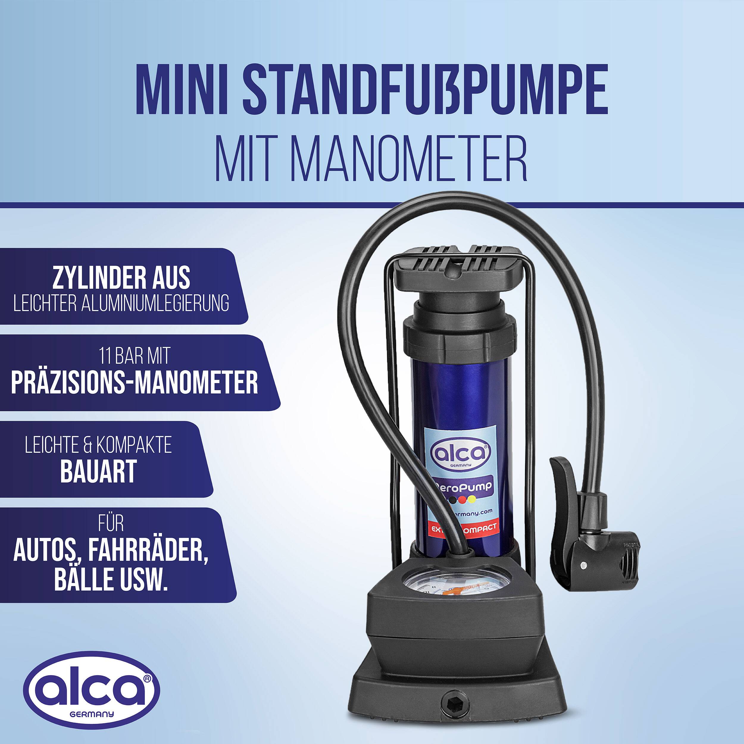 alca® Fußpumpe 11bar mit Manometer und Multiventil für Auto, Fahrrad Handlich bei 410g, Zylinder aus Alulegierung,-1