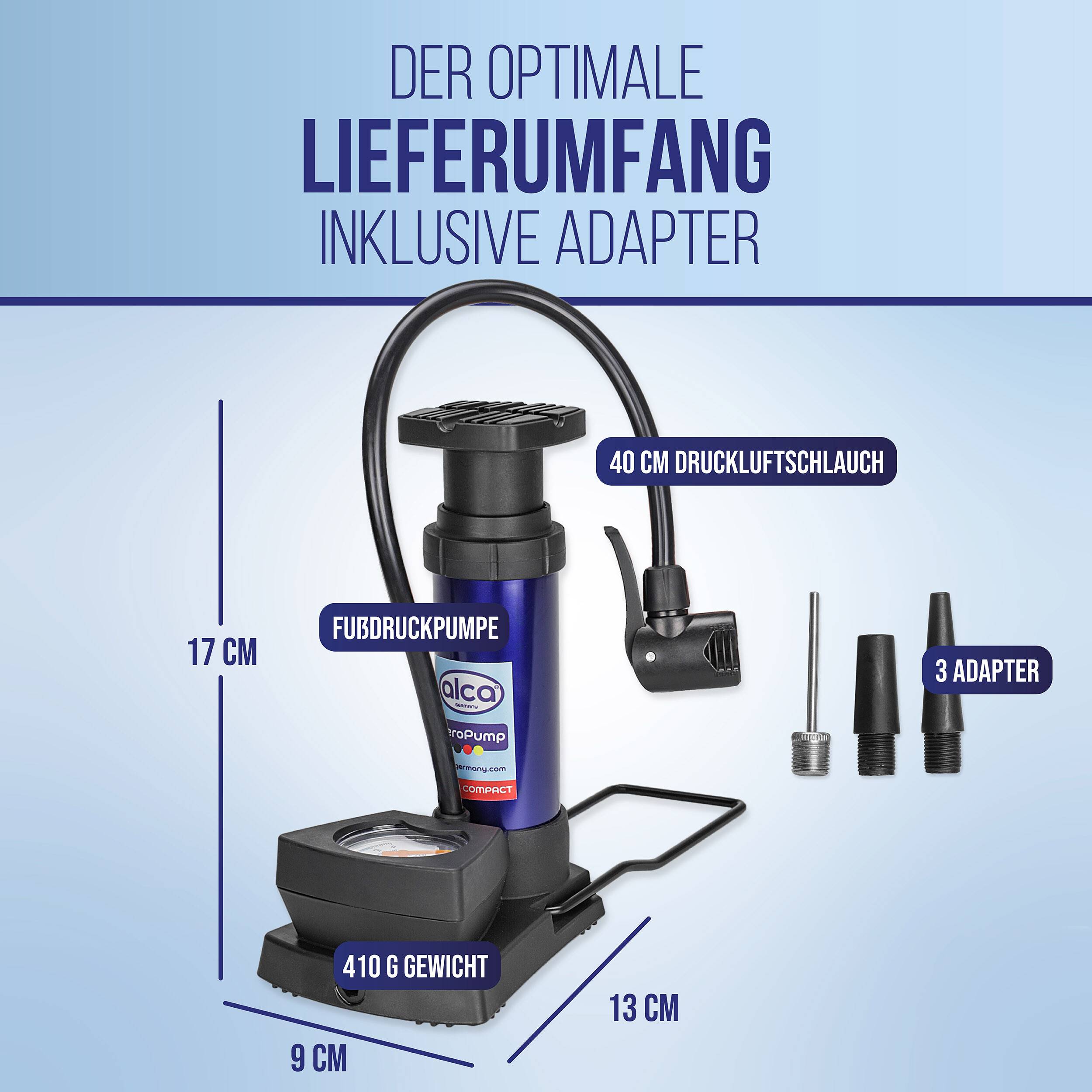alca® Fußpumpe 11bar mit Manometer und Multiventil für Auto, Fahrrad Handlich bei 410g, Zylinder aus Alulegierung,-2