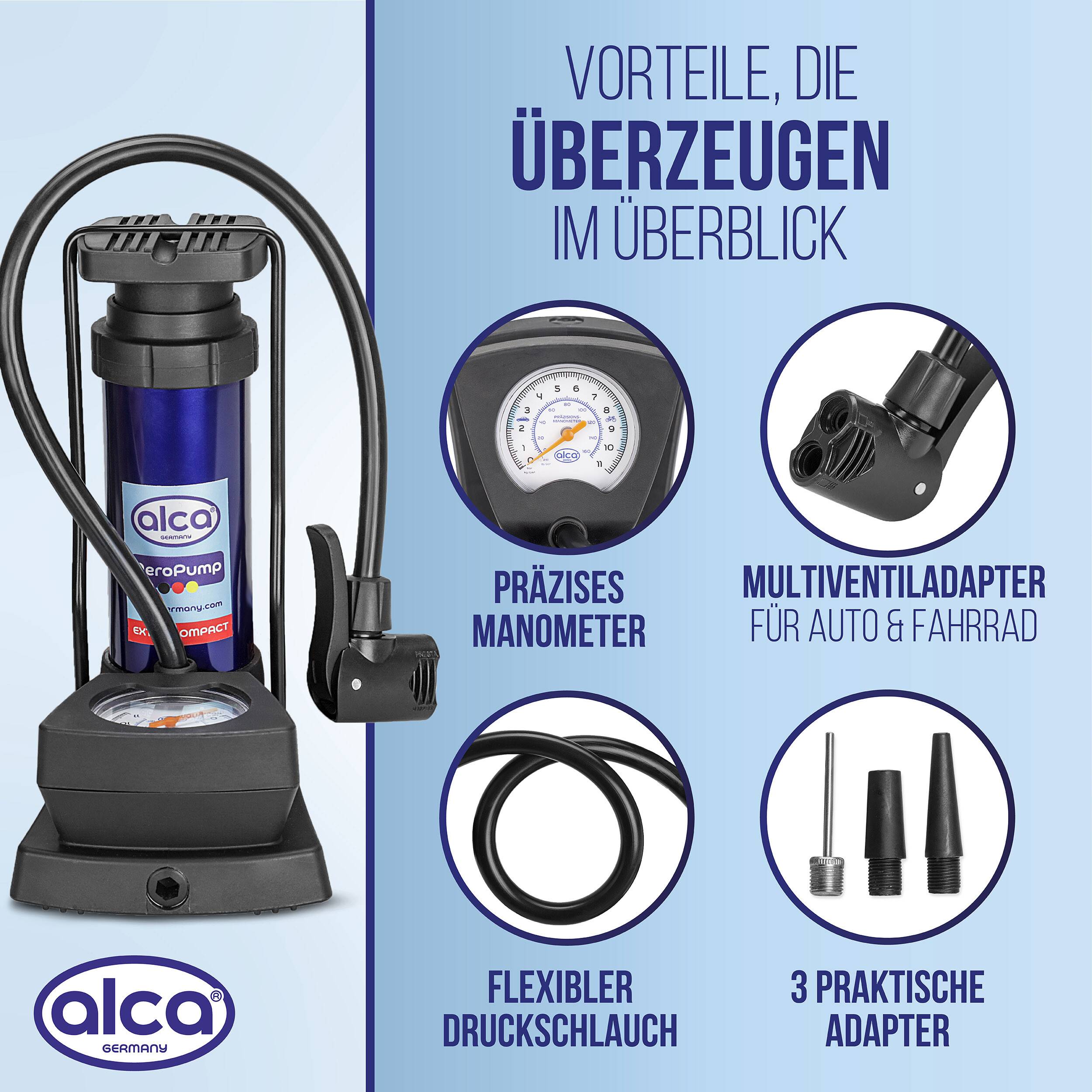 alca® Fußpumpe 11bar mit Manometer und Multiventil für Auto, Fahrrad Handlich bei 410g, Zylinder aus Alulegierung,-3