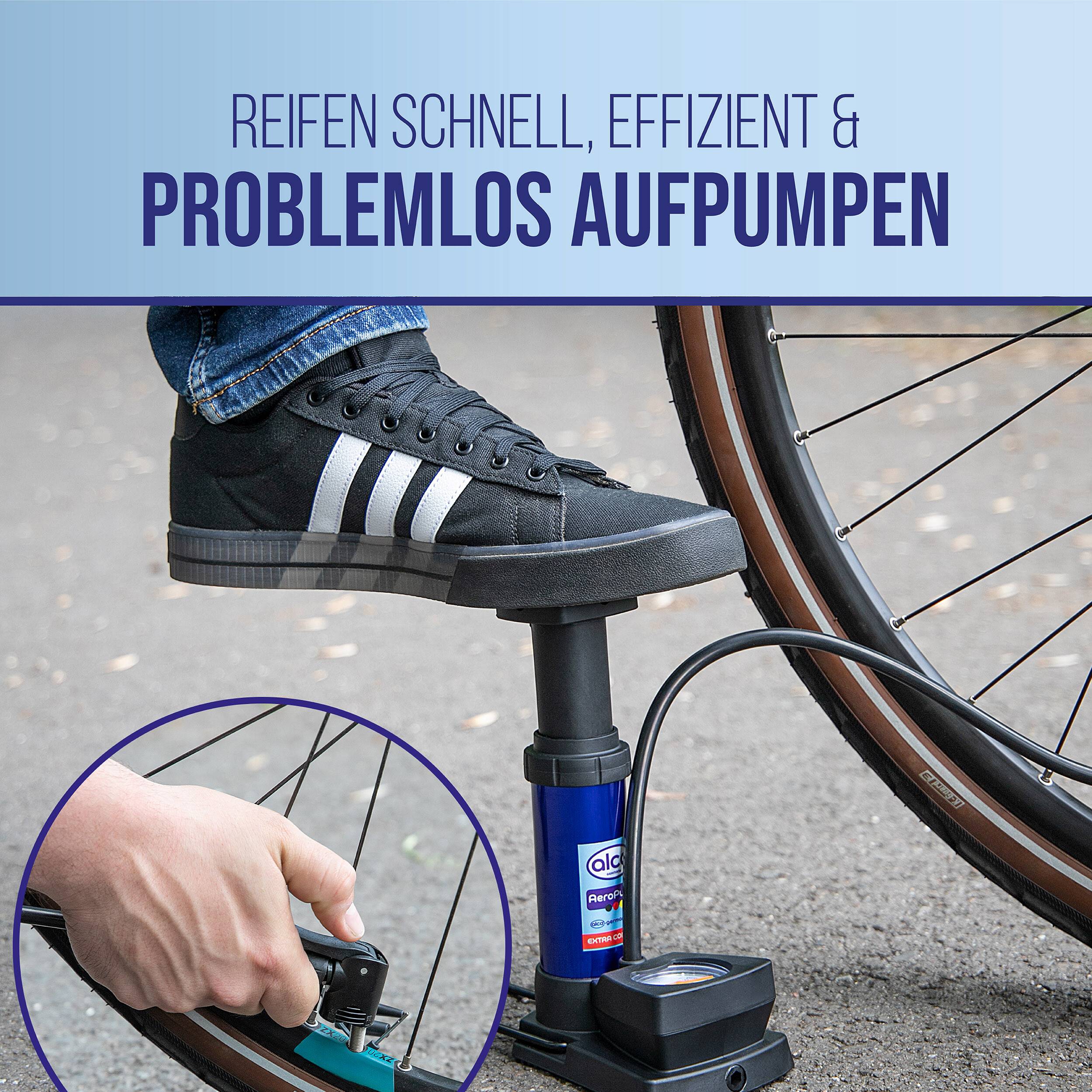 alca® Fußpumpe 11bar mit Manometer und Multiventil für Auto, Fahrrad Handlich bei 410g, Zylinder aus Alulegierung,-4