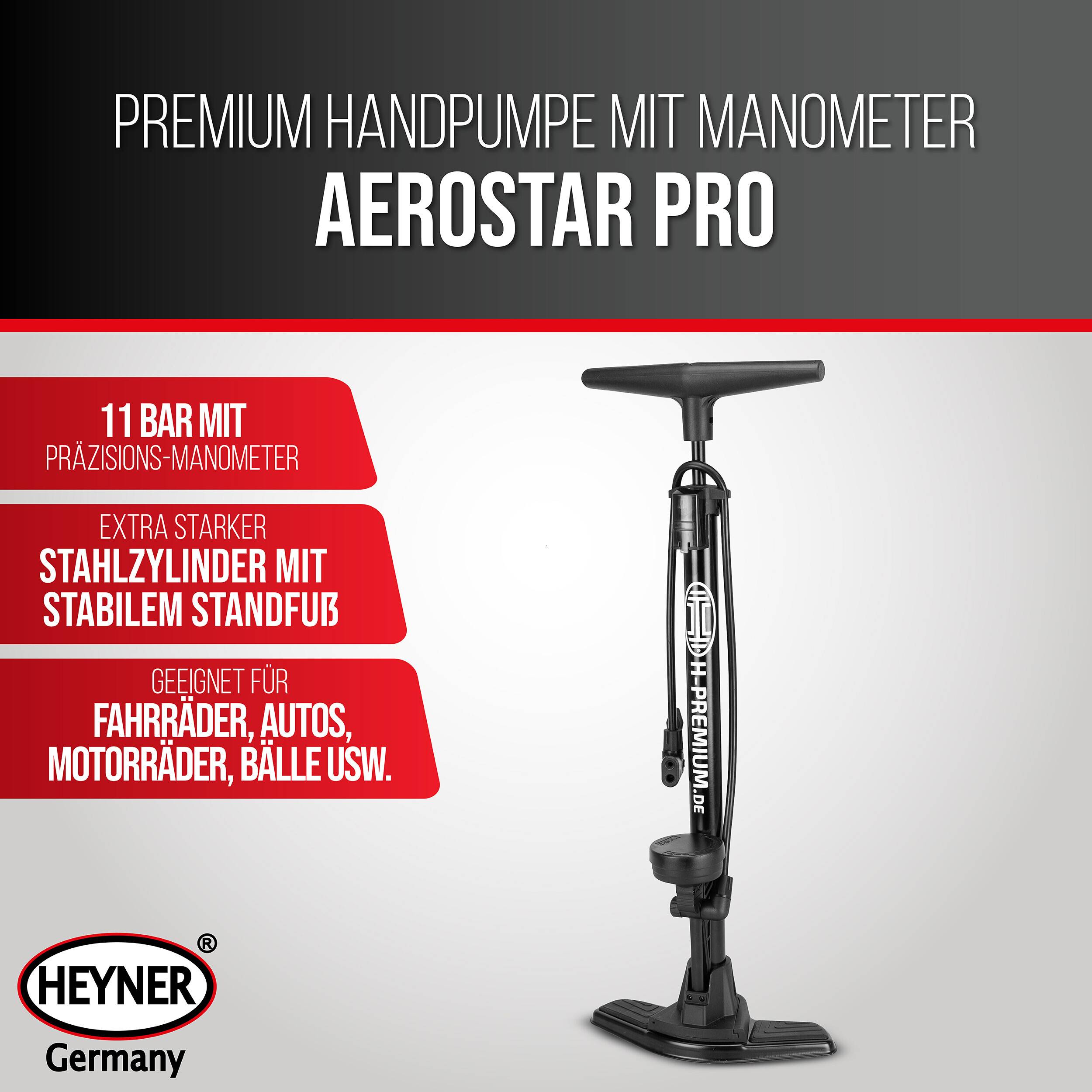 HEYNER® Standluftpumpe mit 11 bar, Fahrradpumpe mit Multi-Ventil-Anschluss-1