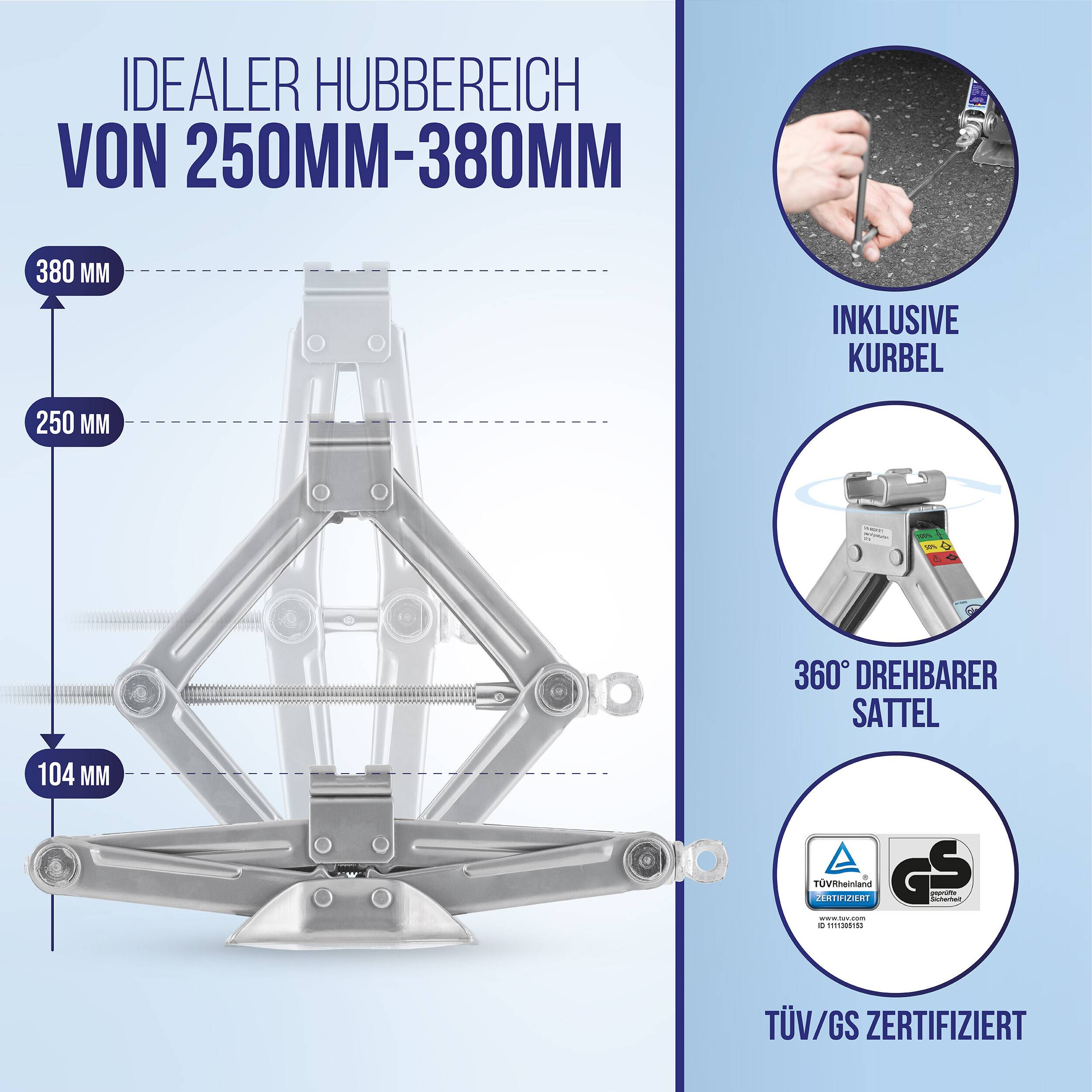 alca® Scherenwagenheber 1,5 t, Hubhöhe 104-380 mm, TÜV-Zertifiziert drehbarer Sattel, höhenverstellbar, mit-1