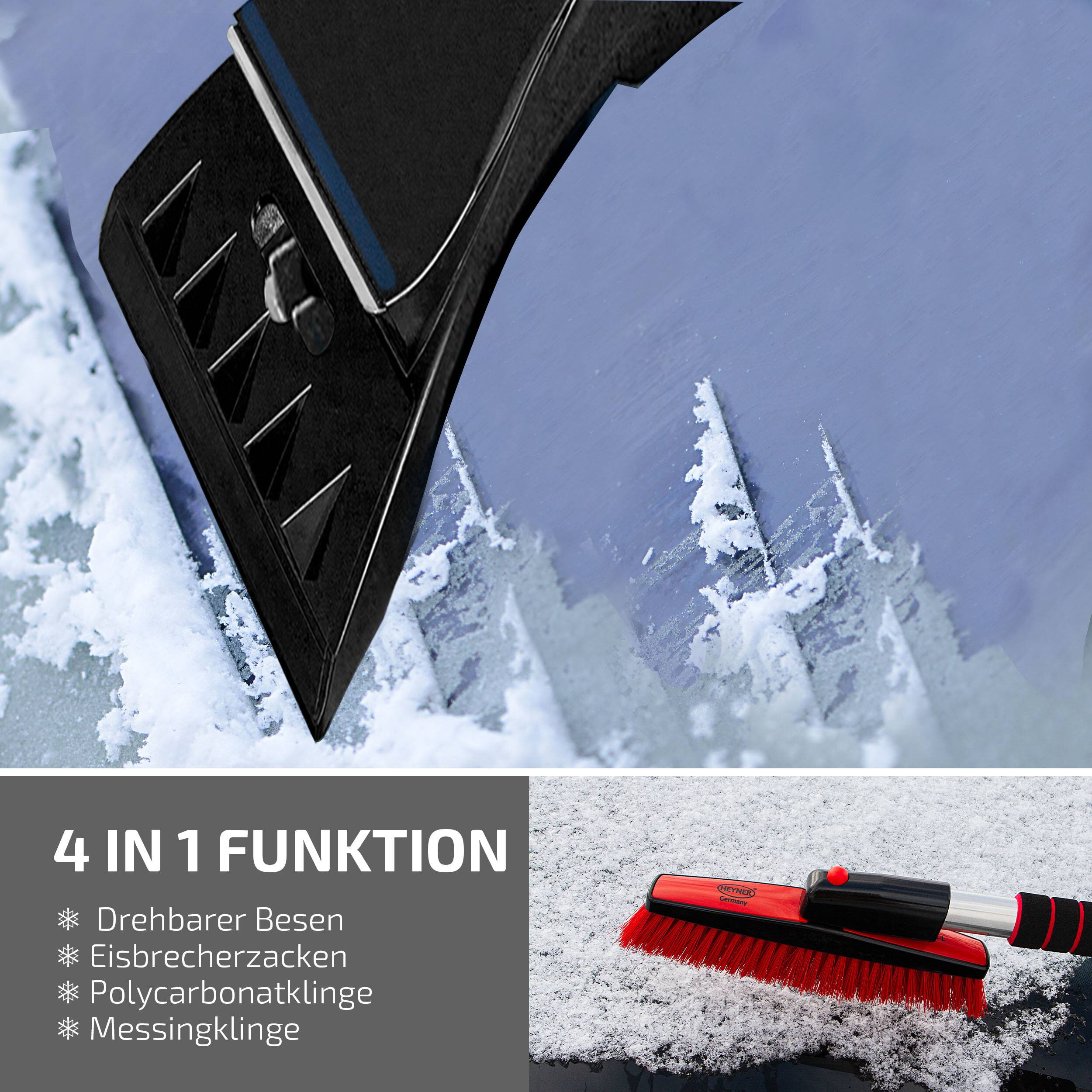 HEYNER® Eiskratzer 11cm mit Teleskop-Schneebesen, Messingklinge 6,5cm breit ausziehbar 77-108 cm & drehbar 360°-2