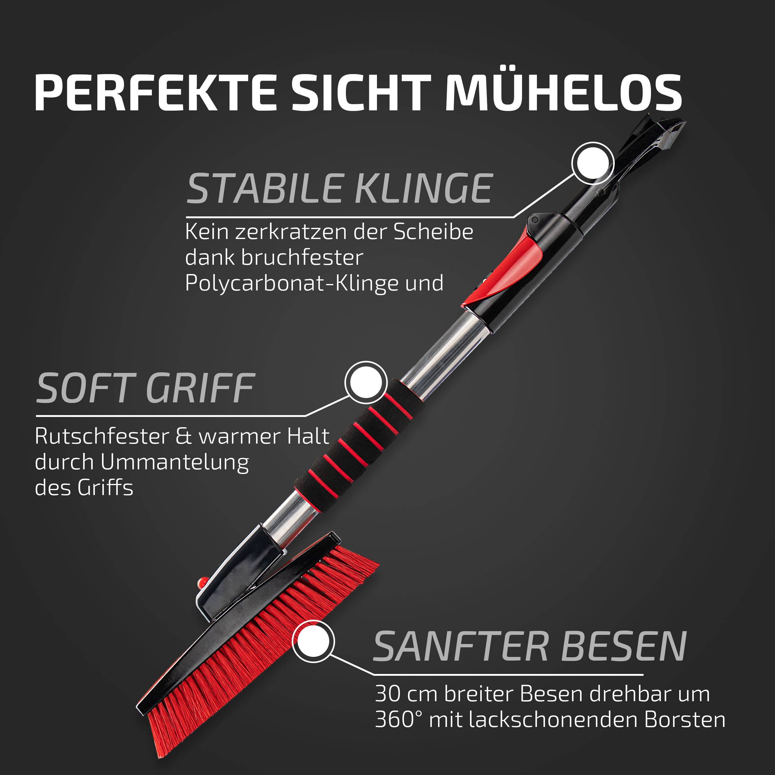 HEYNER® Eiskratzer 11cm mit Teleskop-Schneebesen, Messingklinge 6,5cm breit ausziehbar 77-108 cm & drehbar 360°-4