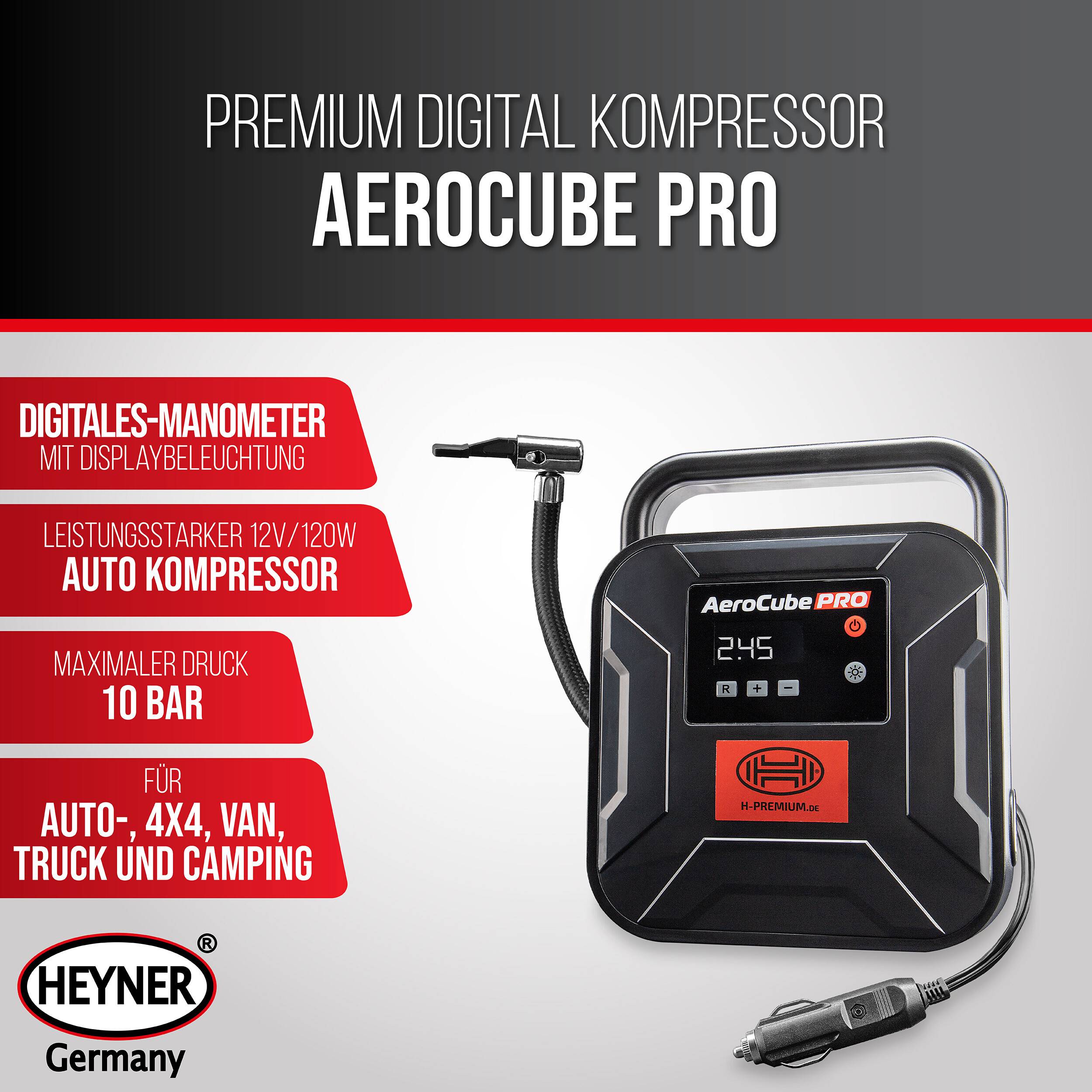 HEYNER® Kompressor mini I Tasche I 12V/120W Druckluft 10 bar/150PSI Digitales Manometer I LED Beleuchtung I elektrische-1
