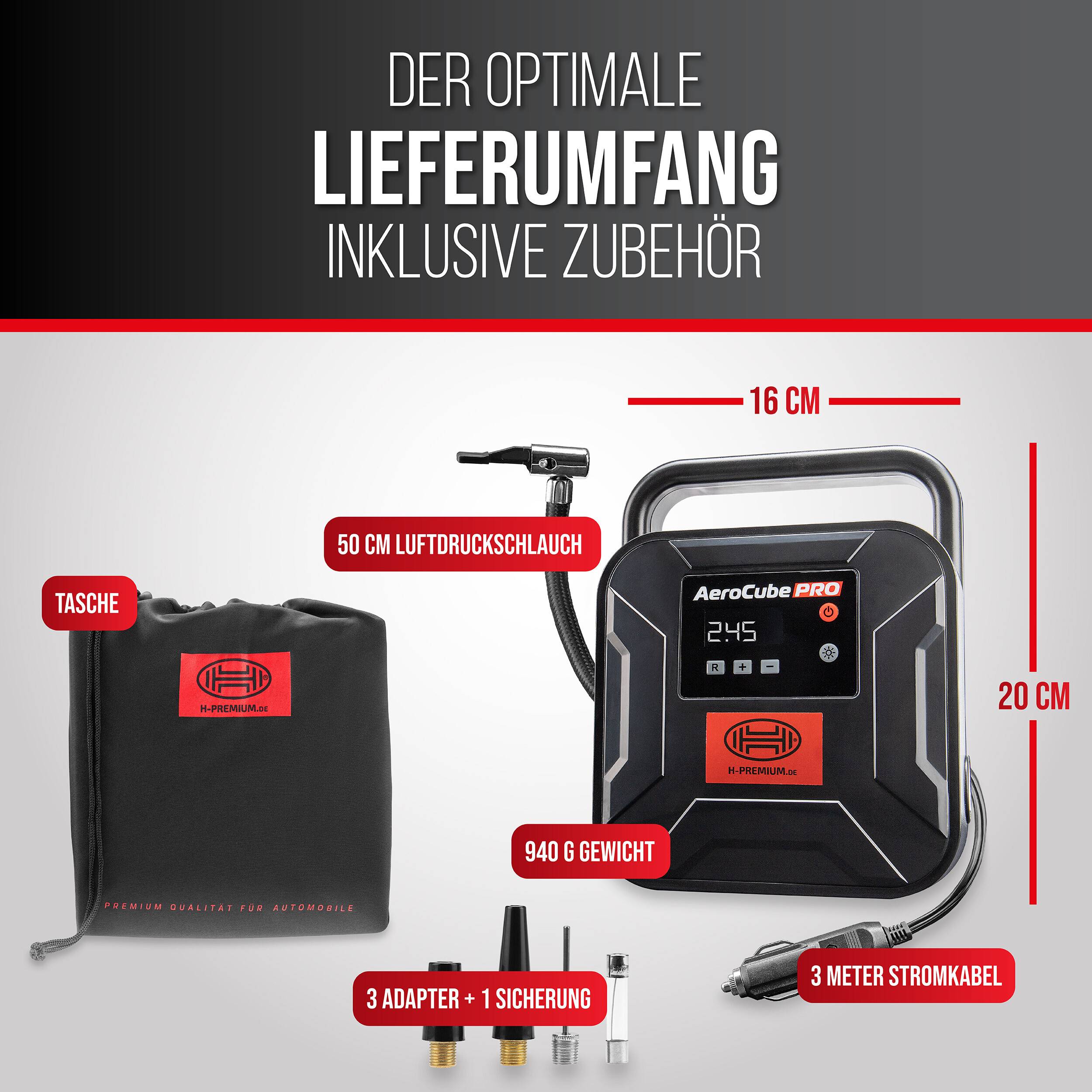 HEYNER® Kompressor mini I Tasche I 12V/120W Druckluft 10 bar/150PSI Digitales Manometer I LED Beleuchtung I elektrische-2