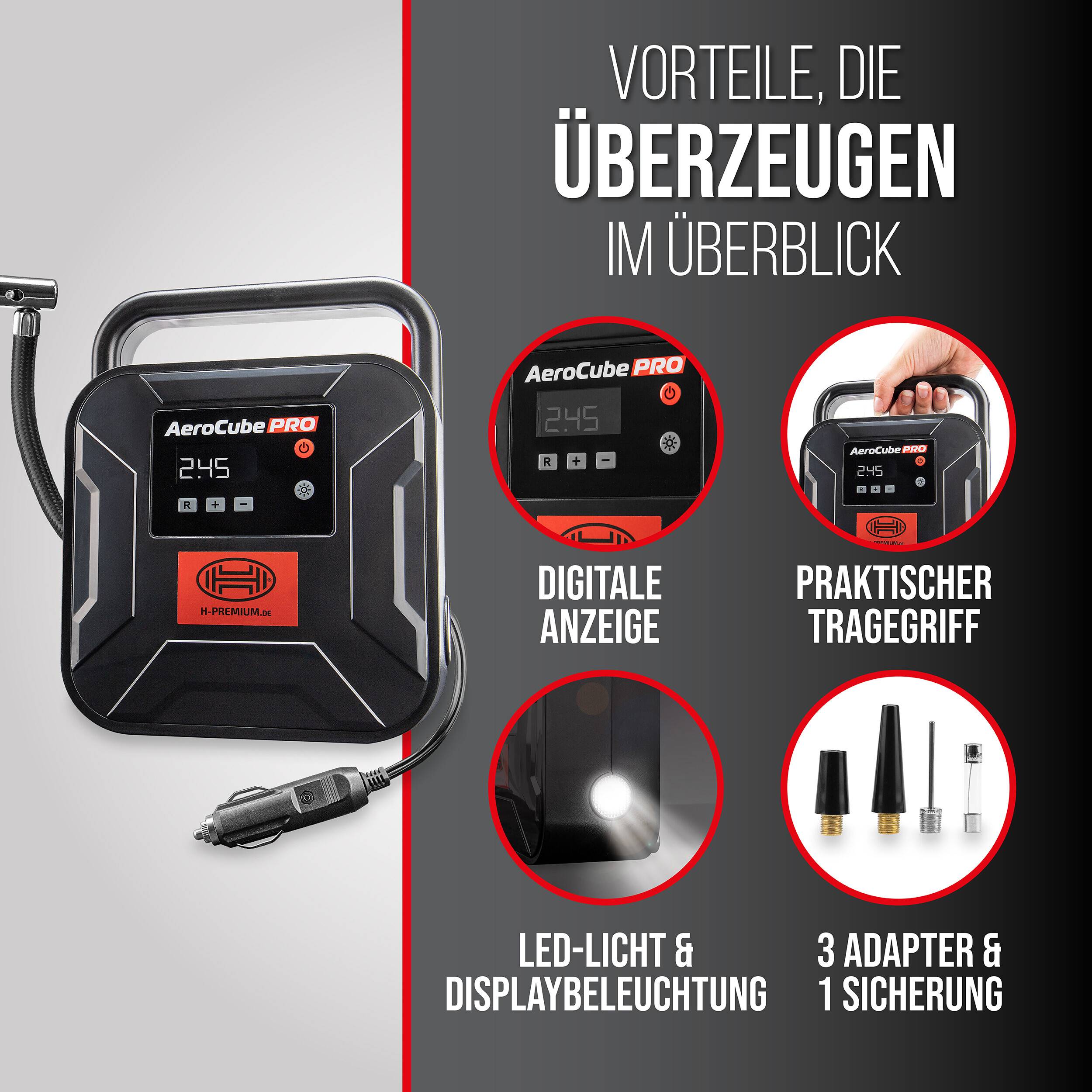 HEYNER® Kompressor mini I Tasche I 12V/120W Druckluft 10 bar/150PSI Digitales Manometer I LED Beleuchtung I elektrische-3