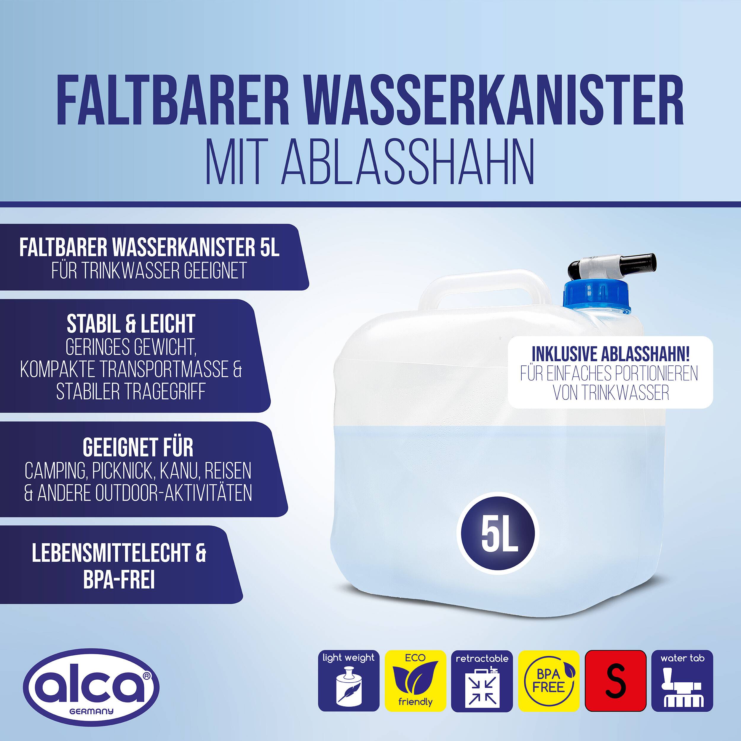 alca® Wasserkanister faltbar 5 l, Trinkwasserbehälter mit Ablasshahn BPA-frei-1