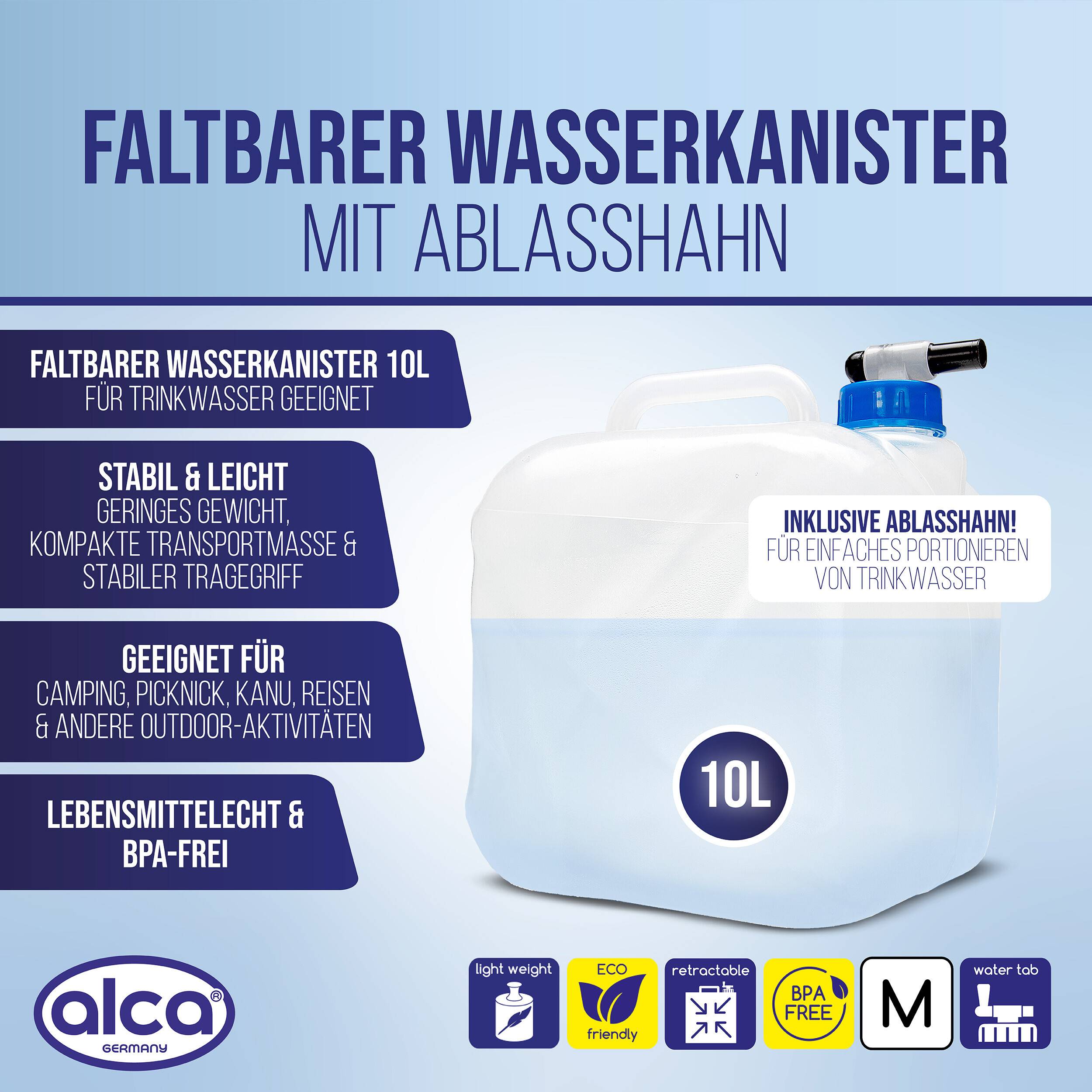 alca® Wasserkanister faltbar 10 l, Trinkwasserbehälter mit Ablasshahn BPA-frei-1