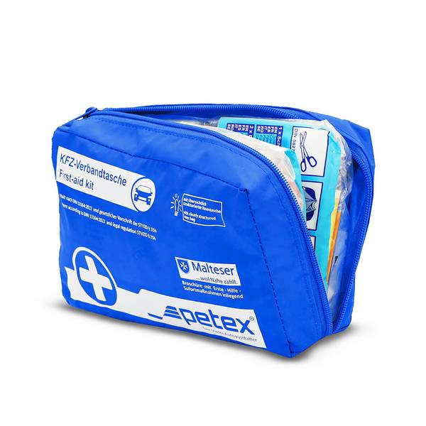 petex Verbandtasche nach DIN 13164-2022 als 43-teiliges Erste Hilfe Set Inhalt nach EU Standard, Sterile Komponenten,