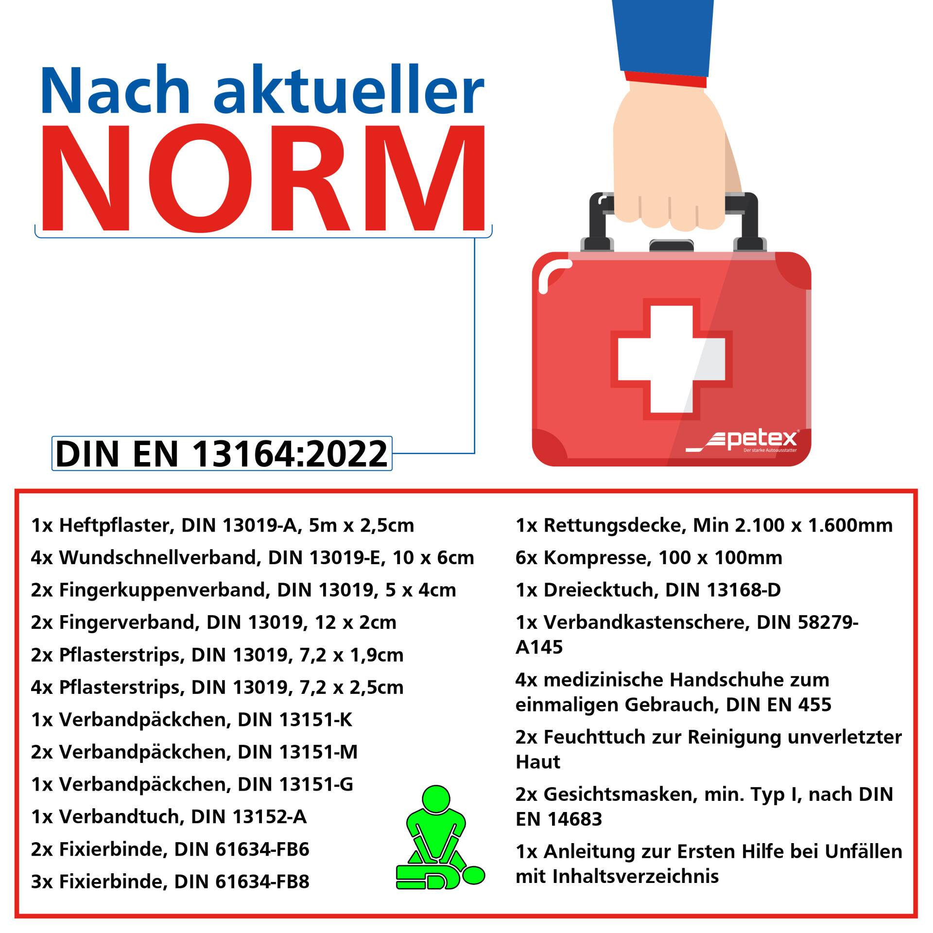petex Verbandtasche nach DIN 13164-2022 als 43-teiliges Erste Hilfe Set Inhalt nach EU Standard, Sterile Komponenten,-2