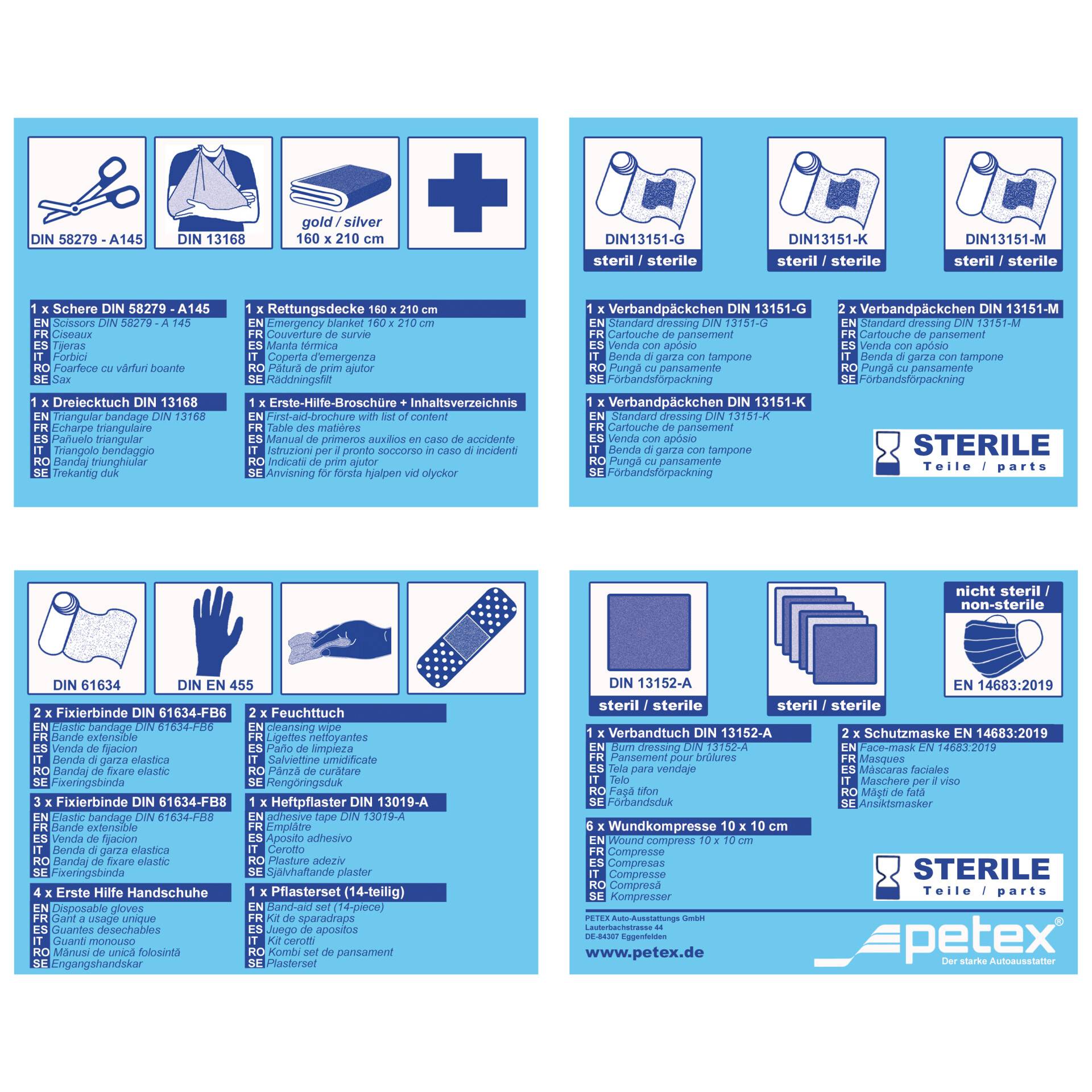 petex Verbandtasche nach DIN 13164-2022 als 43-teiliges Erste Hilfe Set Inhalt nach EU Standard, Sterile Komponenten,-3