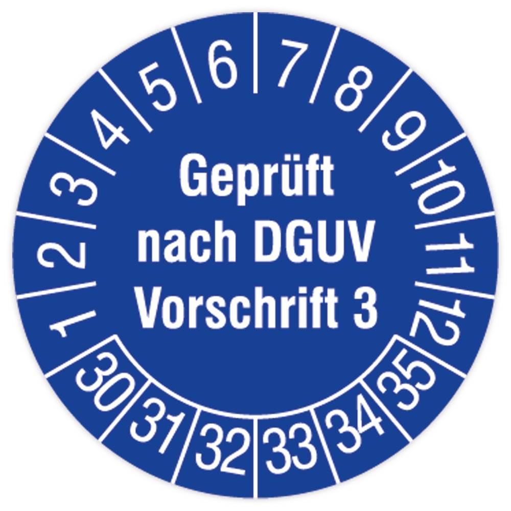 Prüfplakette, Geprüft nach DGUV Vorschrift 3, 2030 - 2035, Standardfolie, Ø 15 mm, 160/Heft-0