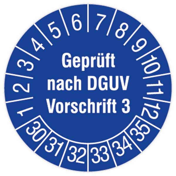 Prüfplakette, Geprüft nach DGUV Vorschrift 3, 2030 - 2035, Standardfolie, Ø 15 mm, 160/Heft