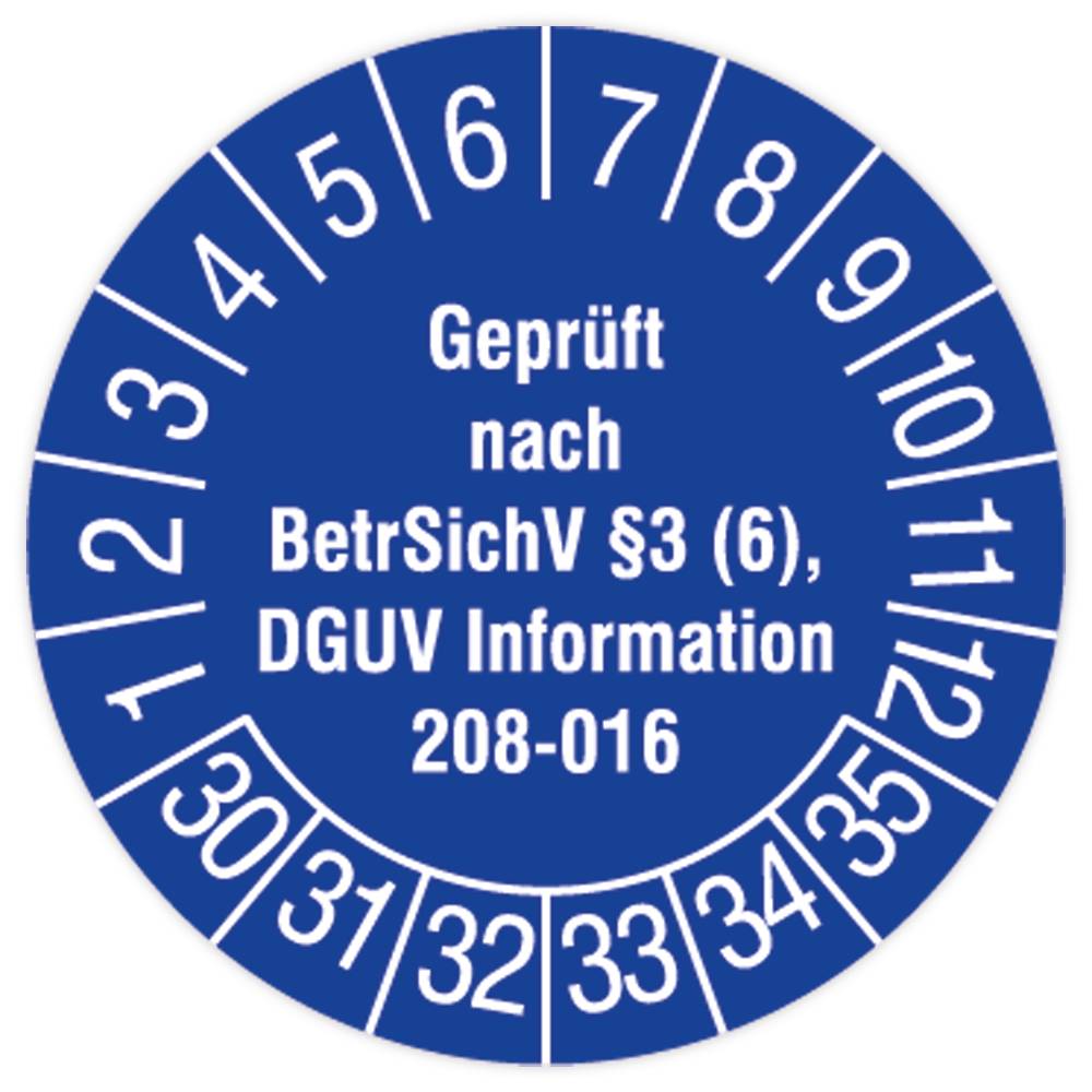 Prüfplakette, Geprüft nach BetrSichv §3 (6), DGUV Info. 208-016, 2030, Standardf., Ø 30 mm, 108/Heft-0
