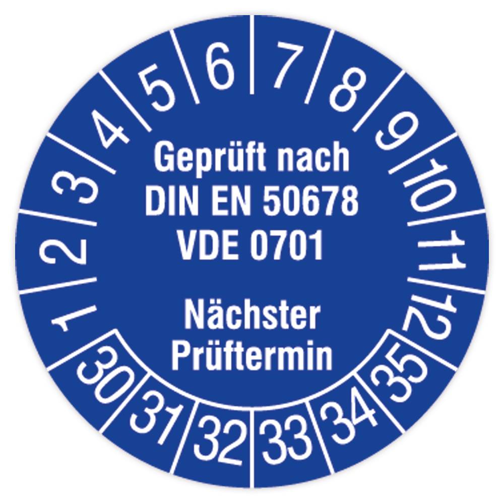 Prüfplakette, Geprüft nach DIN EN 50678, VDE 0701, 2030 - 2035, Standardfolie, Ø 15 mm, 160/Heft-0