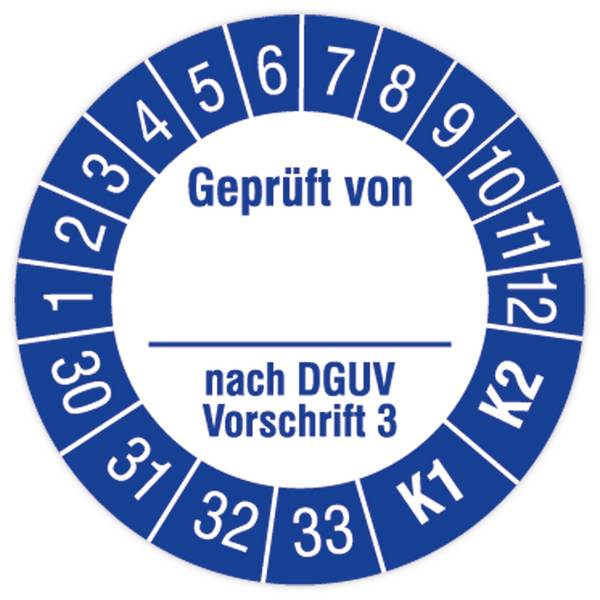 Prüfplakette, Geprüft von… nach DGUV Vorschrift 3, K1/K2, 2030 - 2033, Stand.folie, Ø 30 mm, 108/Heft