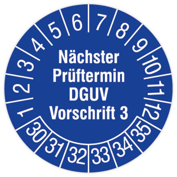 Prüfplakette, Nächster Prüftermin- DGUV Vorschrift 3, 2030 - 2035, Standardfolie, Ø 15 mm, 160/Heft