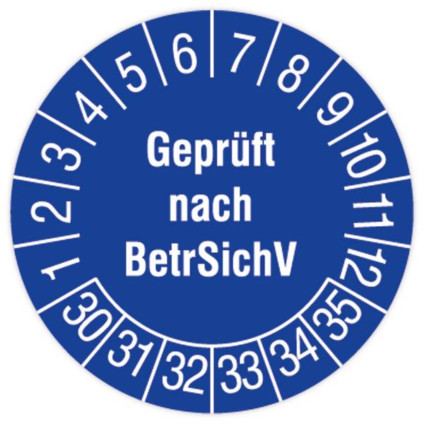 Prüfplakette, Geprüft nach BetrSichV, 2030 - 2035, Standardfolie, Ø 30 mm, 108/Heft