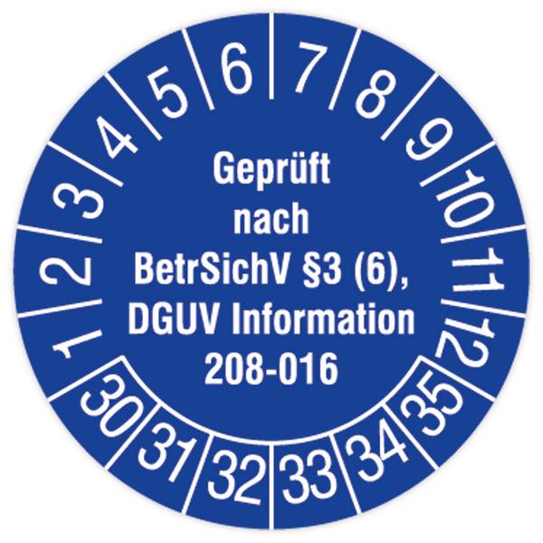 Prüfplakette, Geprüft nach BetrSichv §3 (6), DGUV Info. 208-016, 2030, Dok.folie, Ø 30 mm, 108/Heft