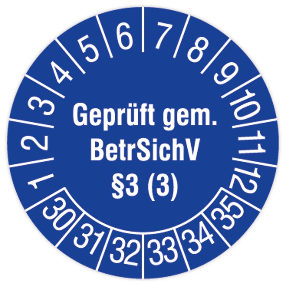Prüfplakette für Leitern und Tritte, Geprüft gem. BetrSichV §3(3), 2030, Dok.folie, Ø 30mm, 108/Heft-0