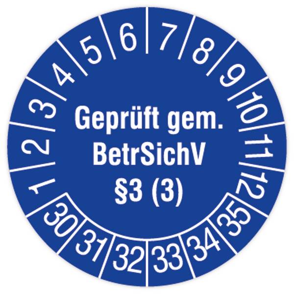 Prüfplakette für Leitern und Tritte, Geprüft gem. BetrSichV §3(3), 2030, Dok.folie, Ø 30mm, 108/Heft