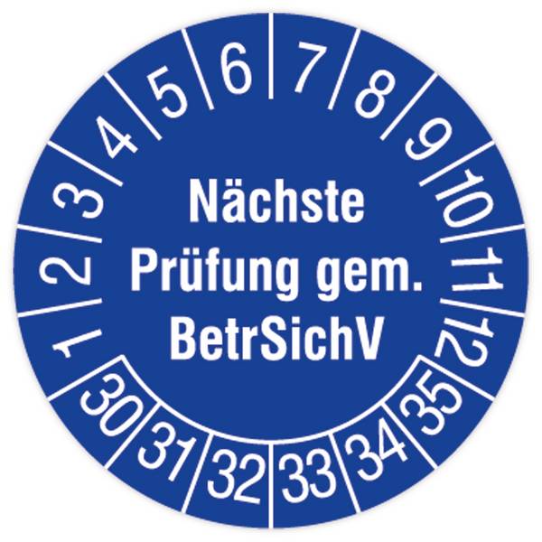 Prüfplakette, Nächste Prüfung gem. BetrSichV, 2030 - 2035, Standardfolie, Ø 30 mm, 108/Heft