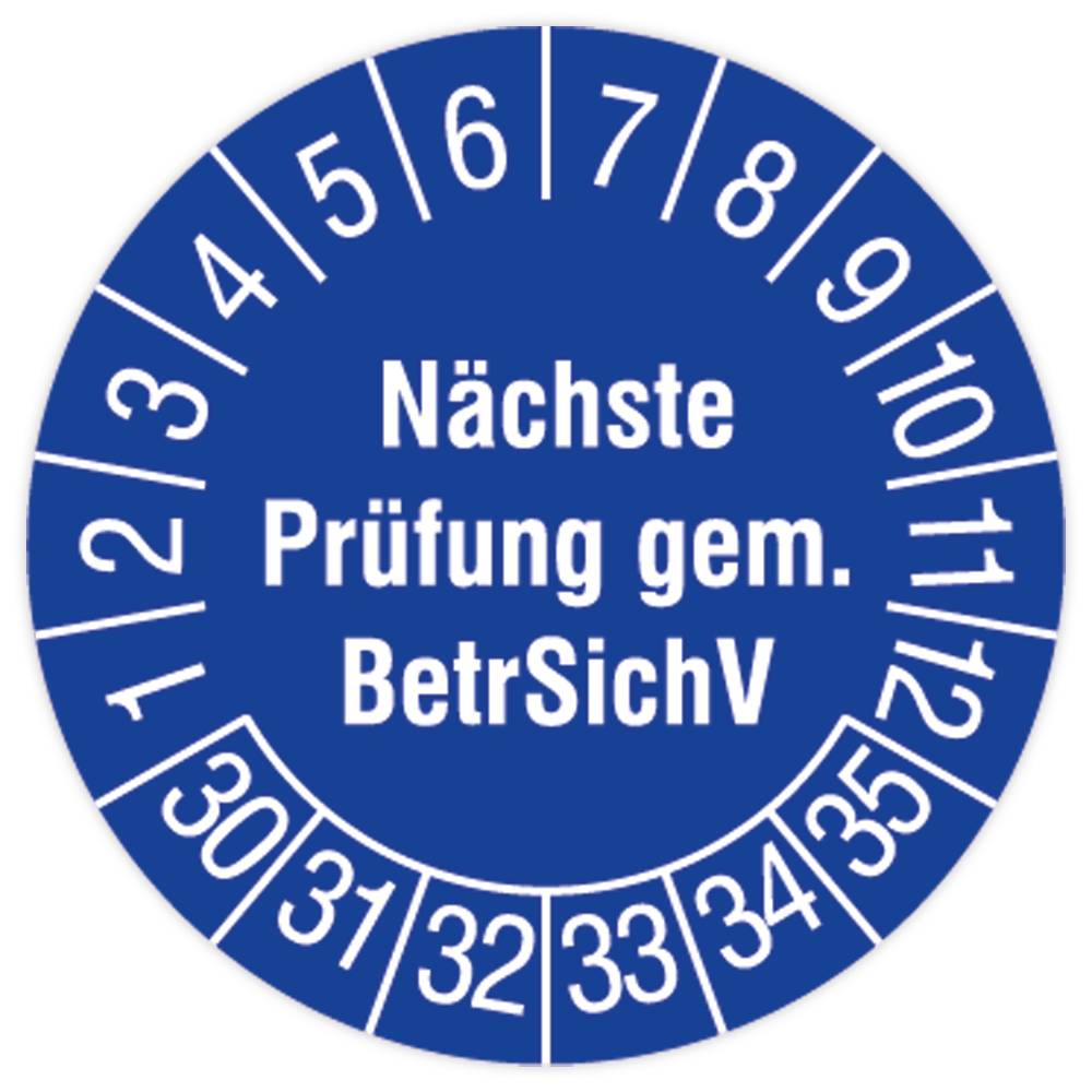 Prüfplakette, Nächste Prüfung gem. BetrSichV, 2030 - 2035, Dokumentenfolie, Ø 15 mm, 160/Heft-0