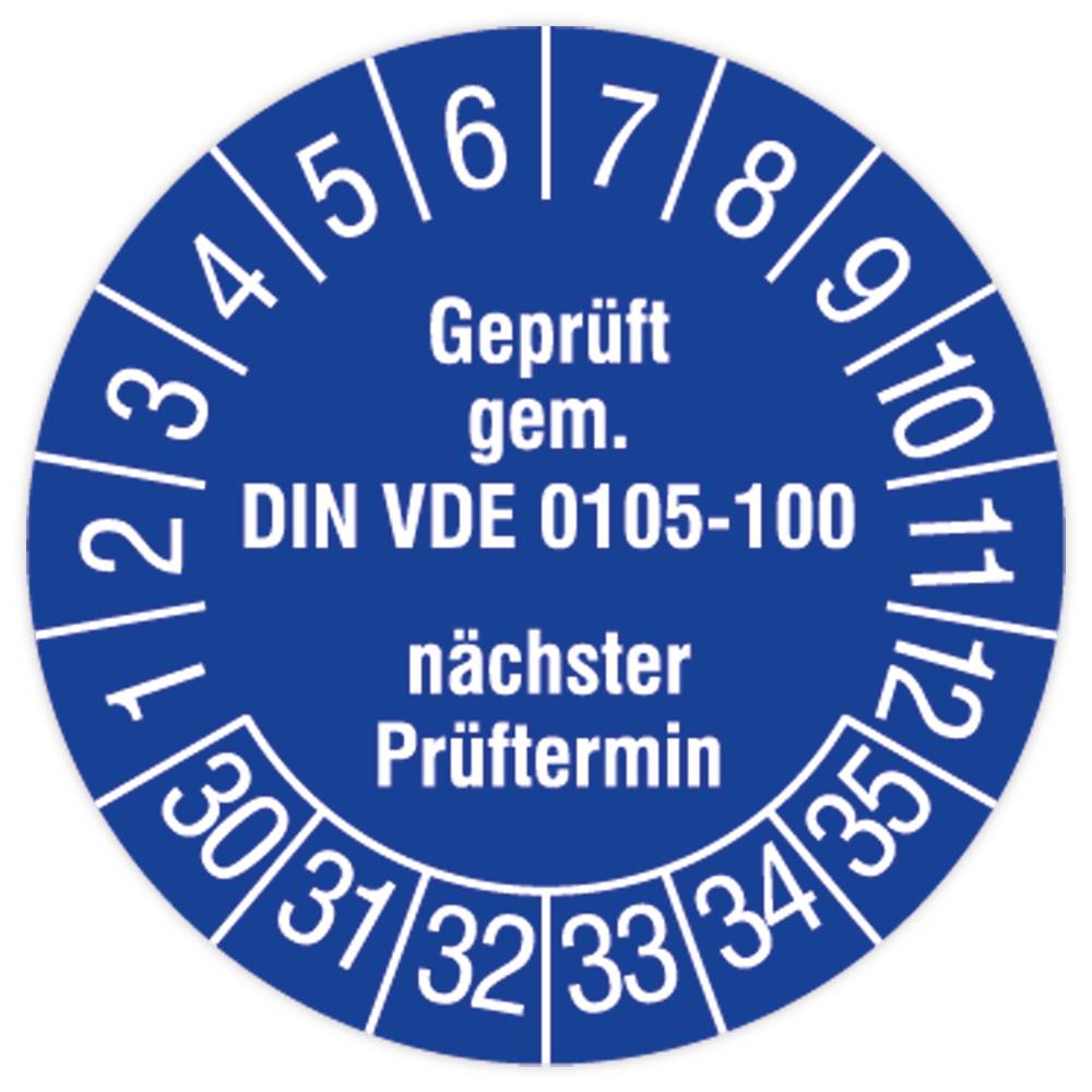 Prüfplakette, Geprüft gem. DIN VDE 0105-100, nä. Prüftermin, 2030, Dokumentenf., Ø 15 mm, 160/Heft-0