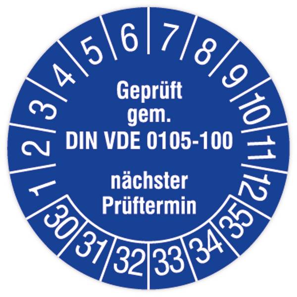 Prüfplakette, Geprüft gem. DIN VDE 0105-100, nä. Prüftermin, 2030, Dokumentenf., Ø 15 mm, 160/Heft