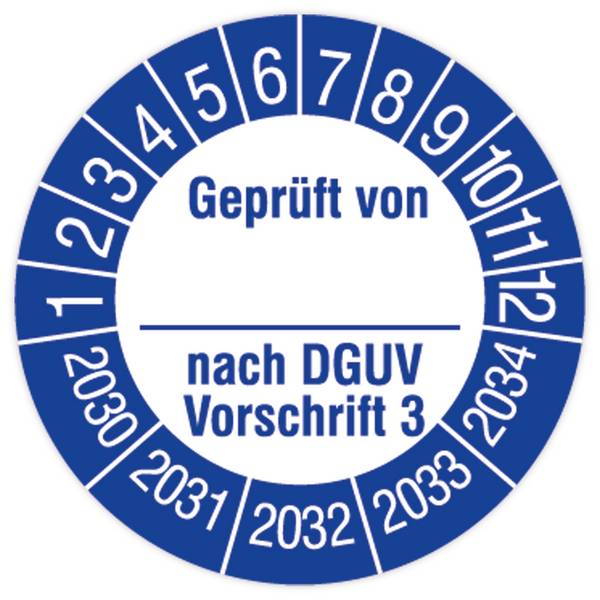 Prüfplakette, Geprüft von… nach DGUV Vorschrift 3, 2030 - 2034, Standardfolie, Ø 30 mm, 108/Heft