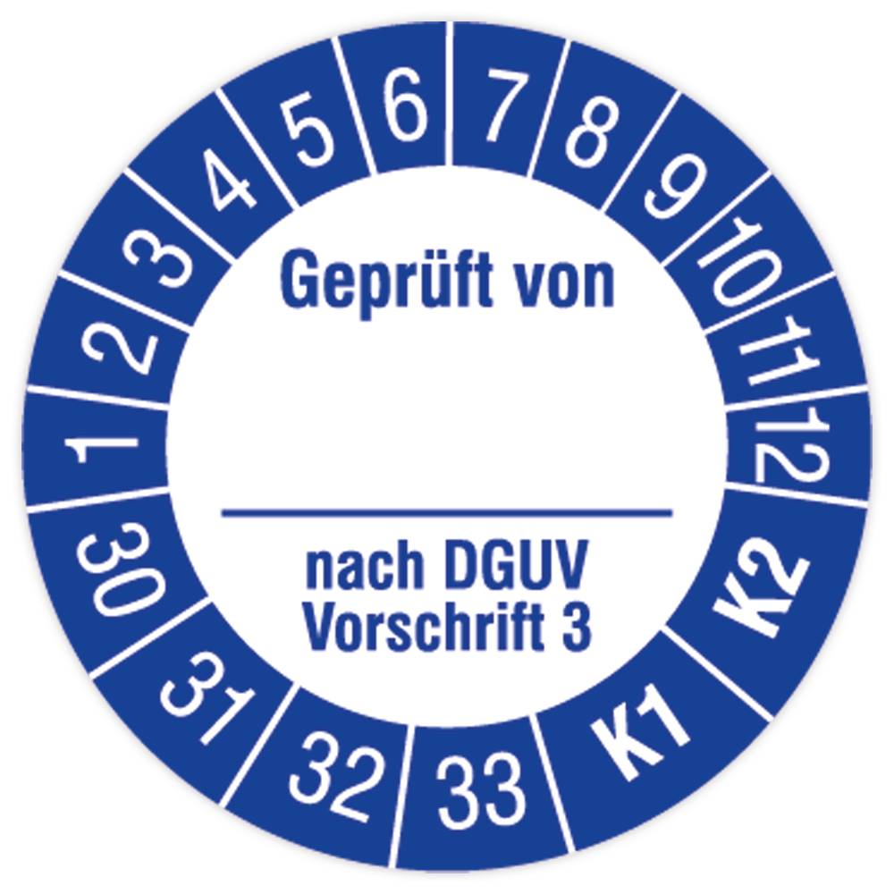Prüfplakette, Geprüft von… nach DGUV Vorschrift 3, K1/K2, 2030 - 2033, Stand.folie, Ø 15 mm, 160/Heft-0