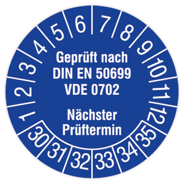 Prüfplakette, Geprüft nach DIN EN 50699, VDE 0702, 2030 - 2035, Dokumentenfolie, Ø 15 mm, 160/Heft