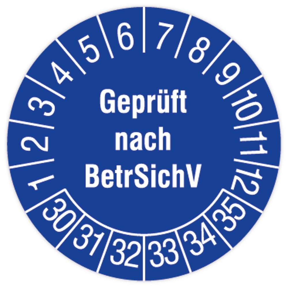 Prüfplakette, Geprüft nach BetrSichV, 2030 - 2035, Dokumentenfolie, Ø 15 mm, 160/Heft-0
