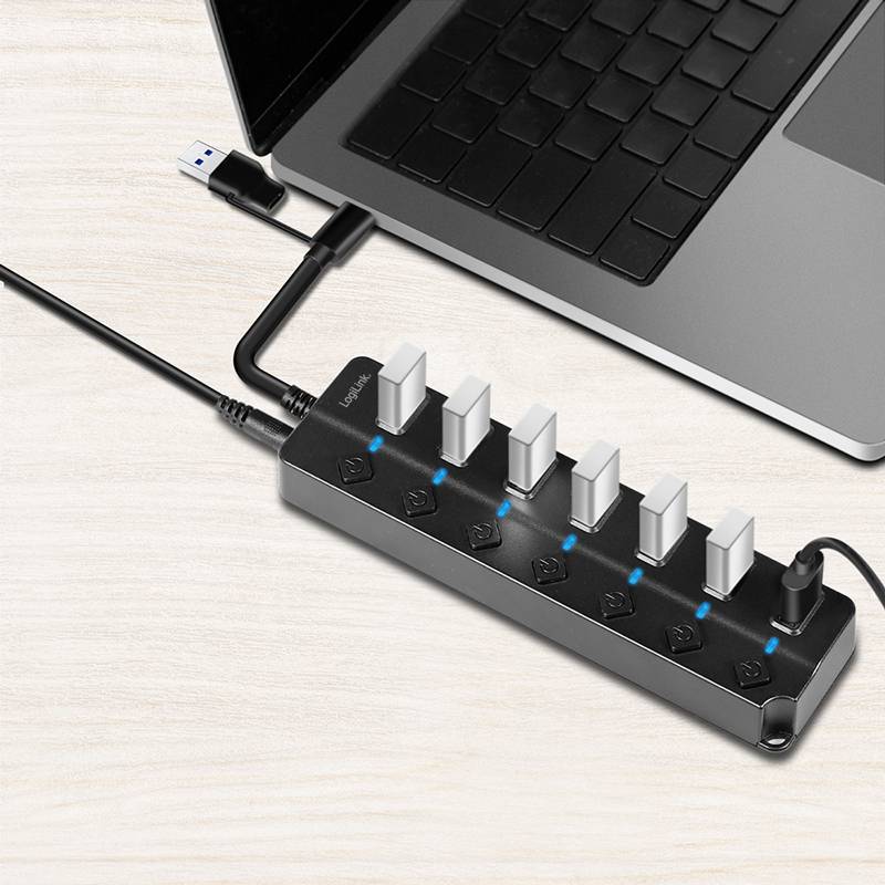 LogiLink USB 3.2 Gen1 hub 7 port on/off switch black-0