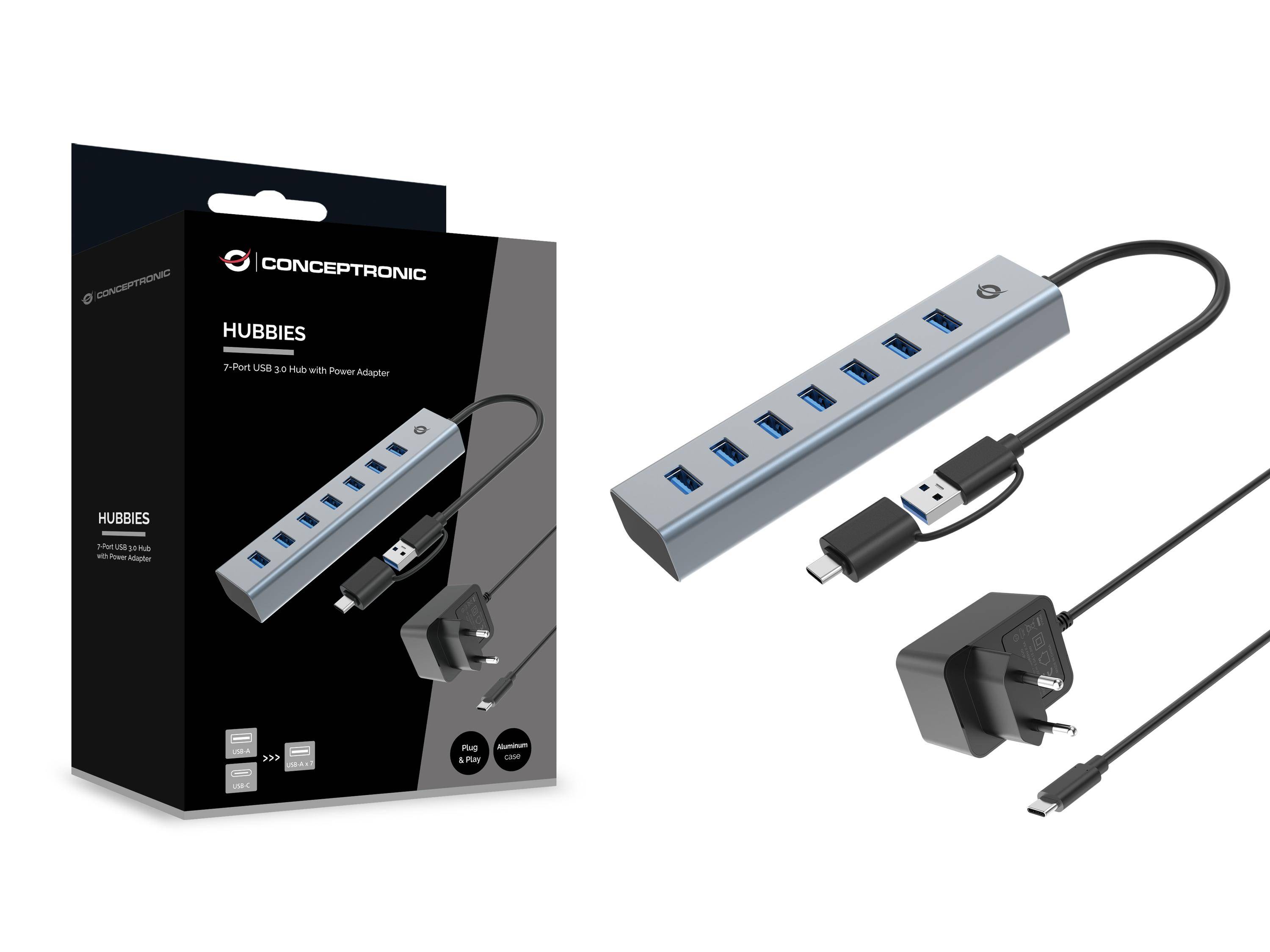 Conceptronic HUBBIES21GP 7-Port-USB 3.0-Hub mit Netzteil, 5Gbps, USB-A x 7, USB 3.2 Gen 1 (3.1 Gen-1