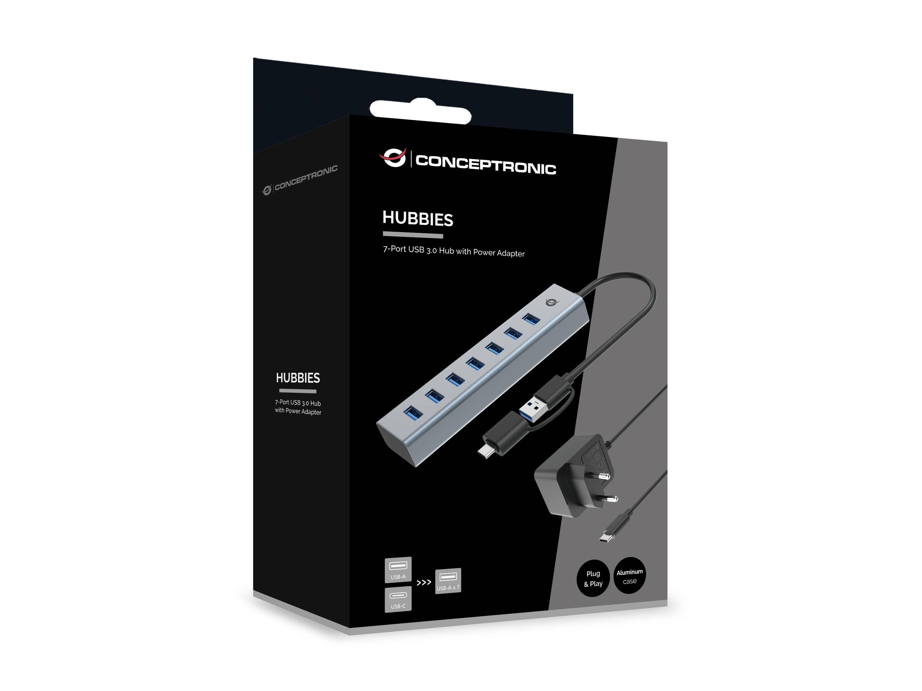Conceptronic HUBBIES21GP 7-Port-USB 3.0-Hub mit Netzteil, 5Gbps, USB-A x 7, USB 3.2 Gen 1 (3.1 Gen-2