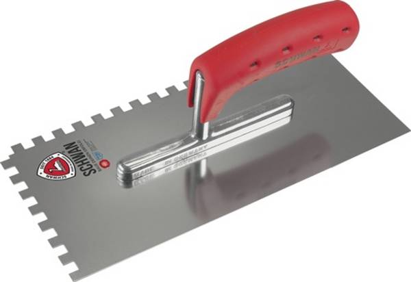 Glättekelle L.280mm B.130mm Zahn 4x4 rostfr.m.Softheft VA S.0,7mm SCHWAN