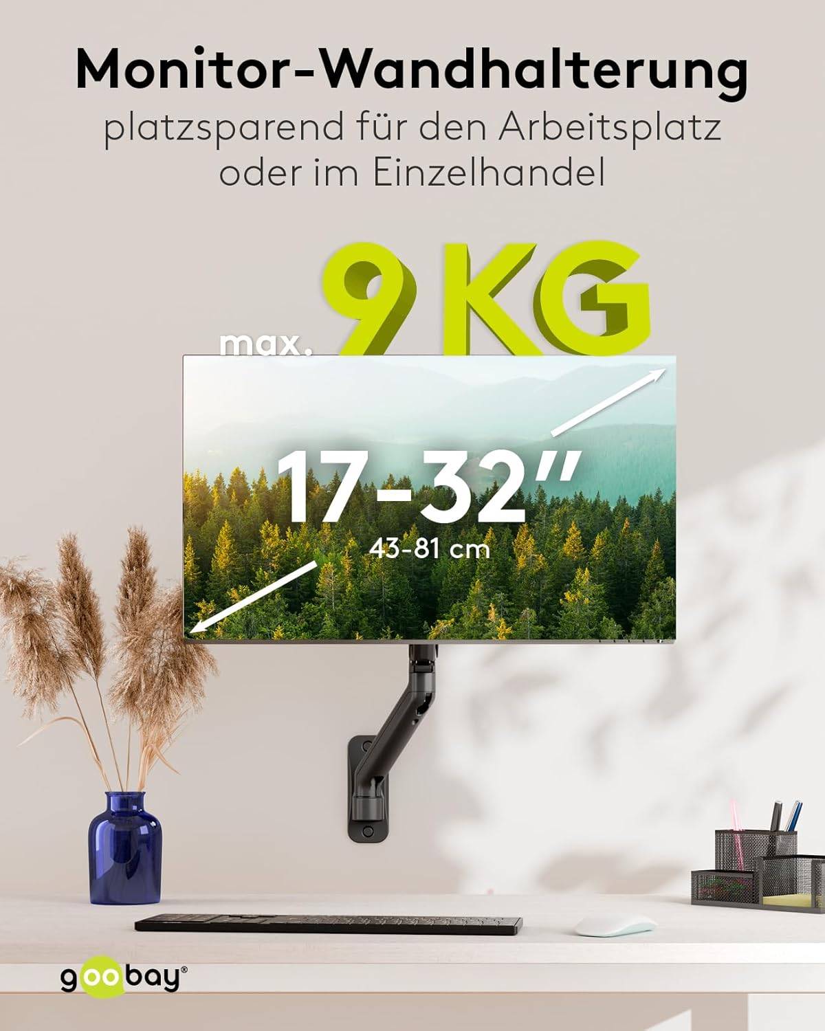 Goobay 70820 Monitorhalterung zur Wandmontage 43 cm (17") - 81 cm (32") VESA Monitorarm schwenkbar neigbar 9 kg-1