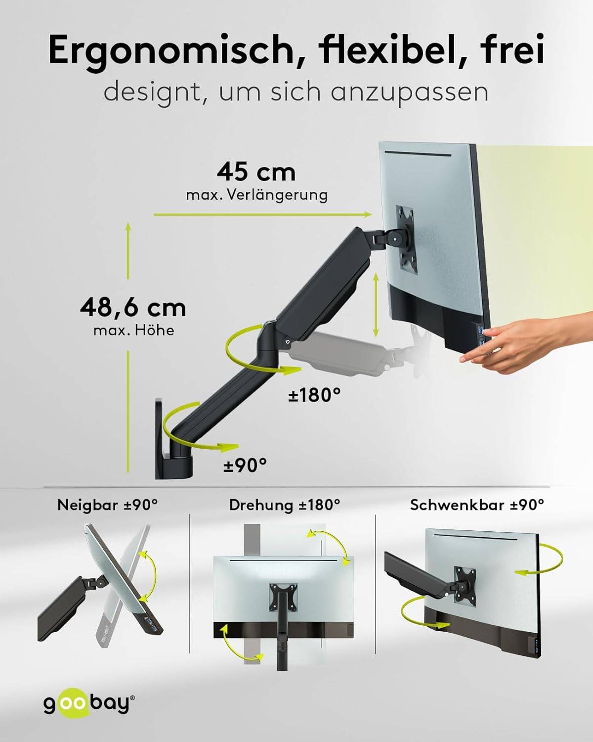 Goobay 70820 Monitorhalterung zur Wandmontage 43 cm (17") - 81 cm (32") VESA Monitorarm schwenkbar neigbar 9 kg-2