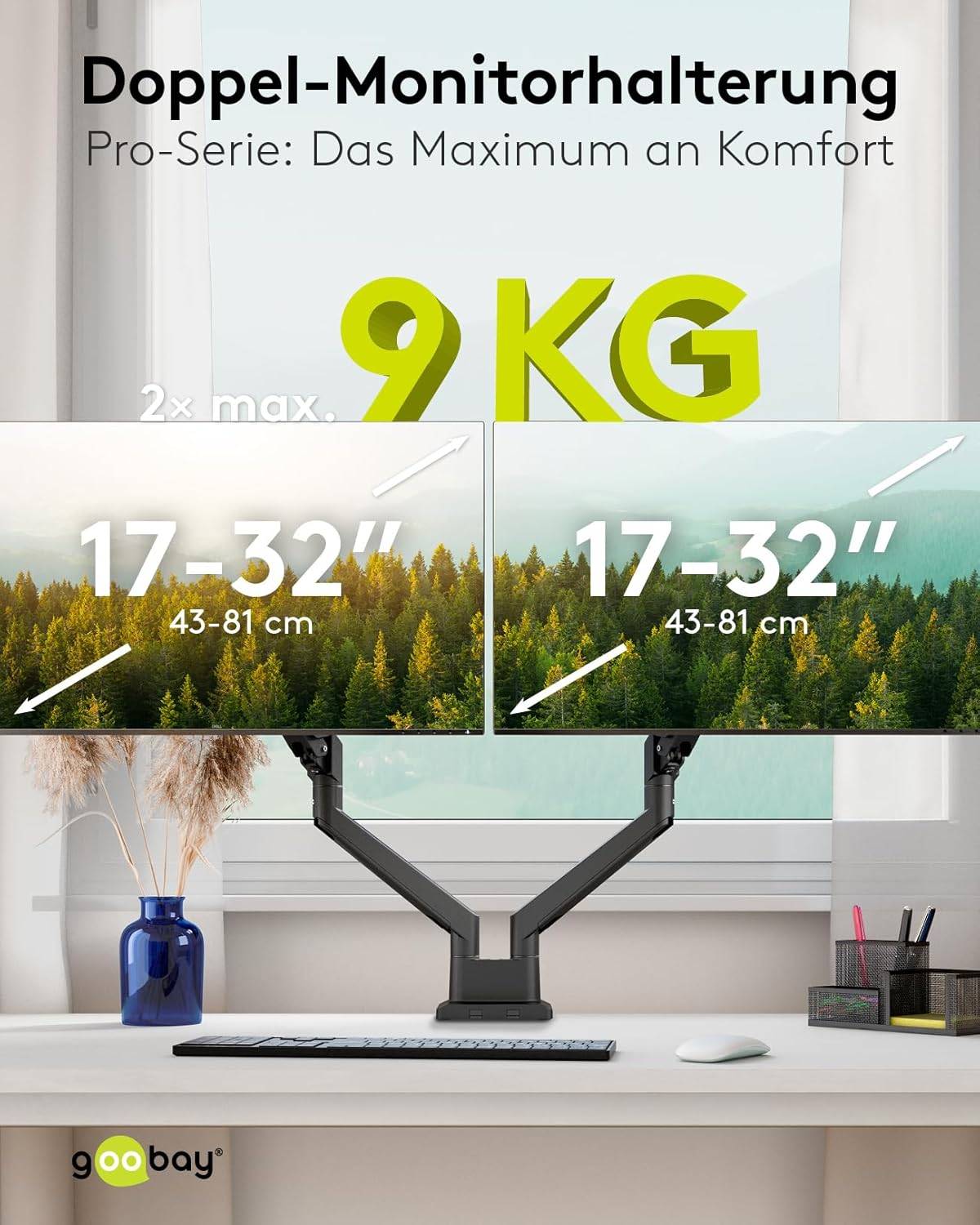 Goobay 70814 Dual Monitorhalterung mit Gasdruckfeder 43 cm (17") - 81 cm (32") Tischklemme schwenkbar neigbar 9 kg-1