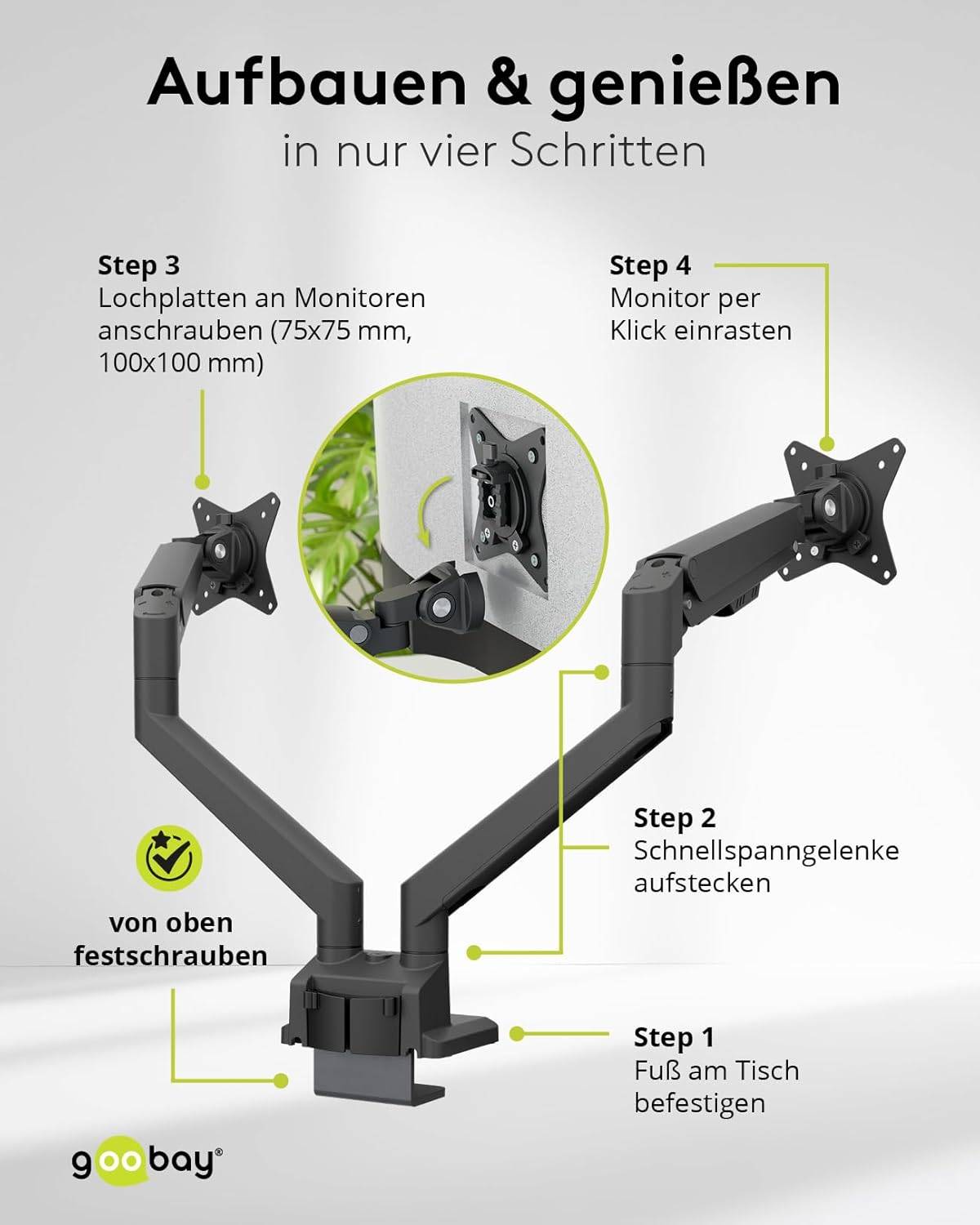 Goobay 70814 Dual Monitorhalterung mit Gasdruckfeder 43 cm (17") - 81 cm (32") Tischklemme schwenkbar neigbar 9 kg-3