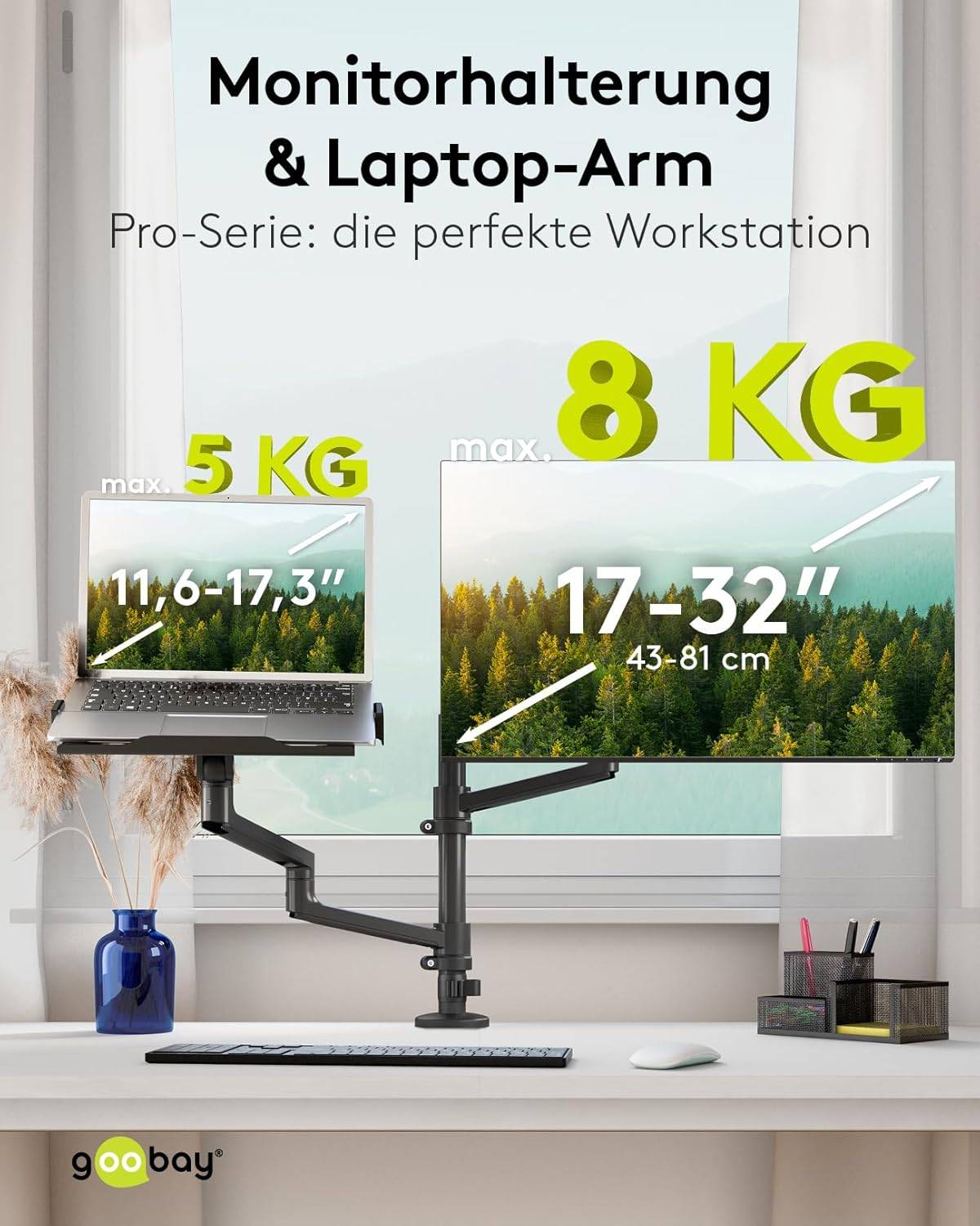 Goobay 74417 Monitorhalterung mit Laptop-Arm (5 kg) zur Tischmontage 43 cm (17") - 81 cm (32") schwenkbar neigbar 8 kg-1