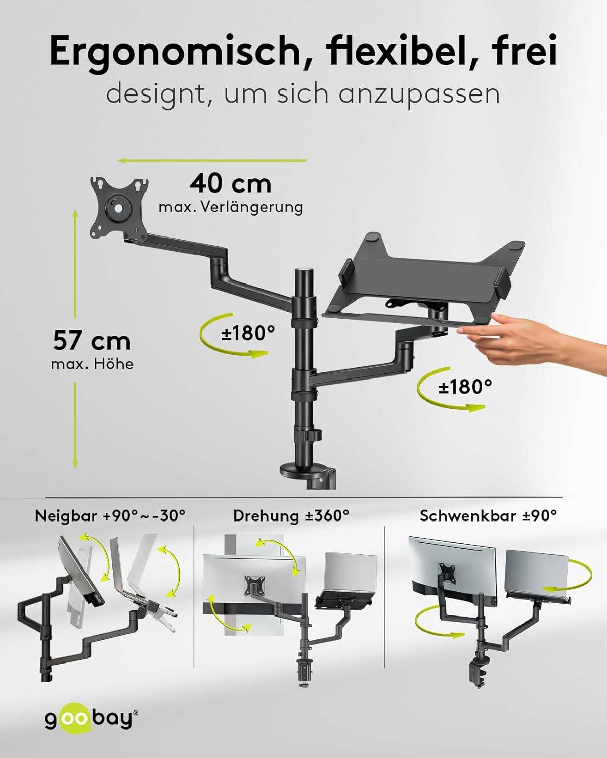 Goobay 74417 Monitorhalterung mit Laptop-Arm (5 kg) zur Tischmontage 43 cm (17") - 81 cm (32") schwenkbar neigbar 8 kg-2