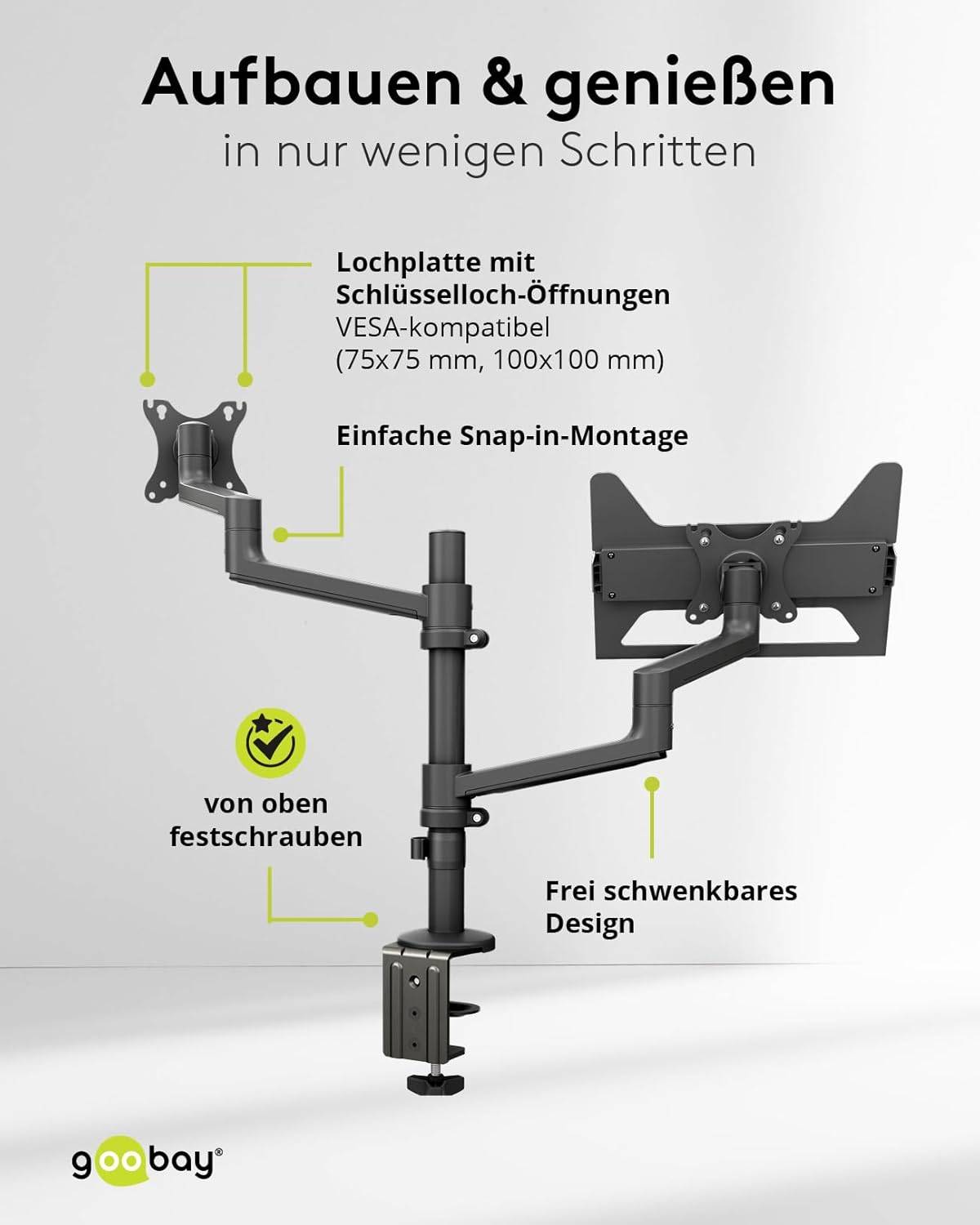 Goobay 74417 Monitorhalterung mit Laptop-Arm (5 kg) zur Tischmontage 43 cm (17") - 81 cm (32") schwenkbar neigbar 8 kg-3
