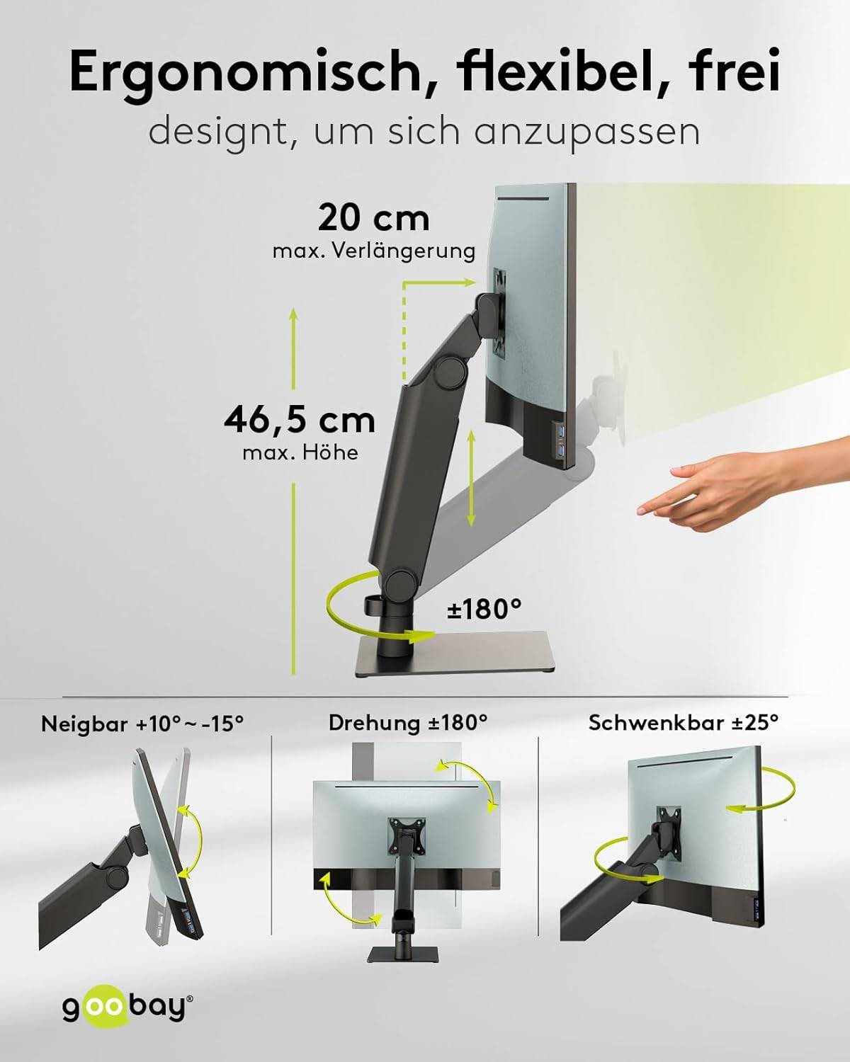 Goobay 70821 Monitorhalterung freistehend Gasdruckfeder 43 cm (17") - 81 cm (32") VESA schwenkbar neigbar 8 kg-2