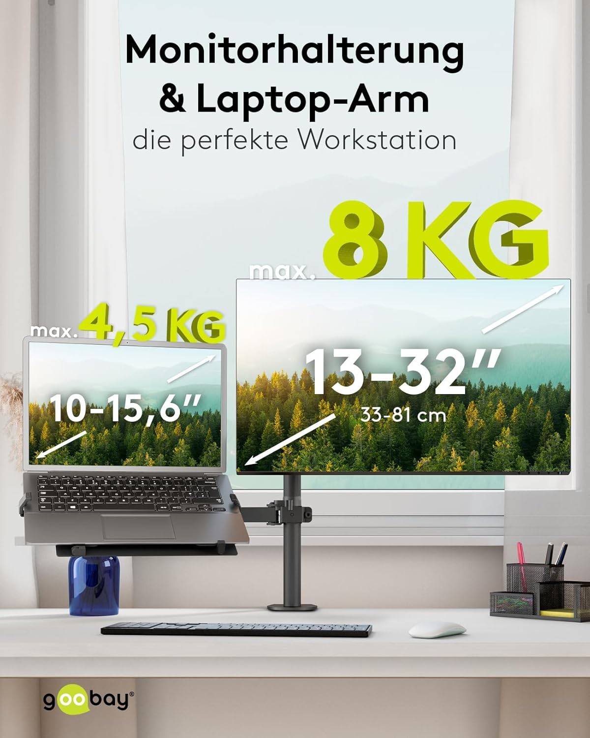 Goobay 70815 Monitorhalterung mit Laptop-Arm (4,5 kg) zur Tischmontage 33 cm (13") - 81 cm (32") schwenkbar neigbar 8 kg-1